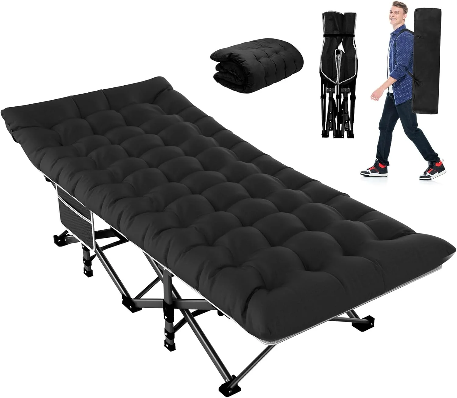 Folding Camping Cot with Mattress Black,Max Load 800lbs Cots for Sleeping Camp Cots for Adults Kids Teenage Portable Travel Camp Cot Pad for Home Office Beach Garden Fishing