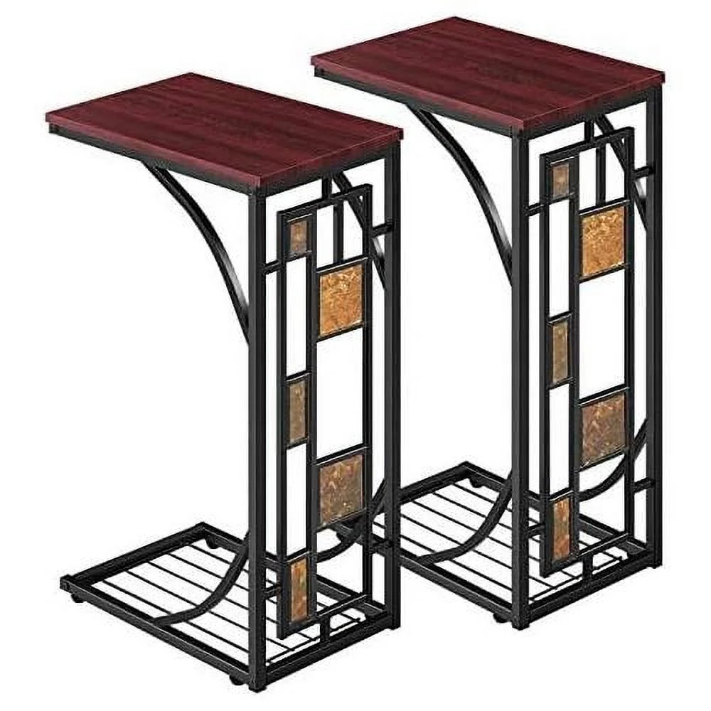 C Shaped Sofa Tables Set Of 2 End Tables With 2-Tier Storage For Living Room, C Side Table Snake Table Coffee Tray With Metal Frame For Sofa/Chair, Easy Assembly, Rustic Brown