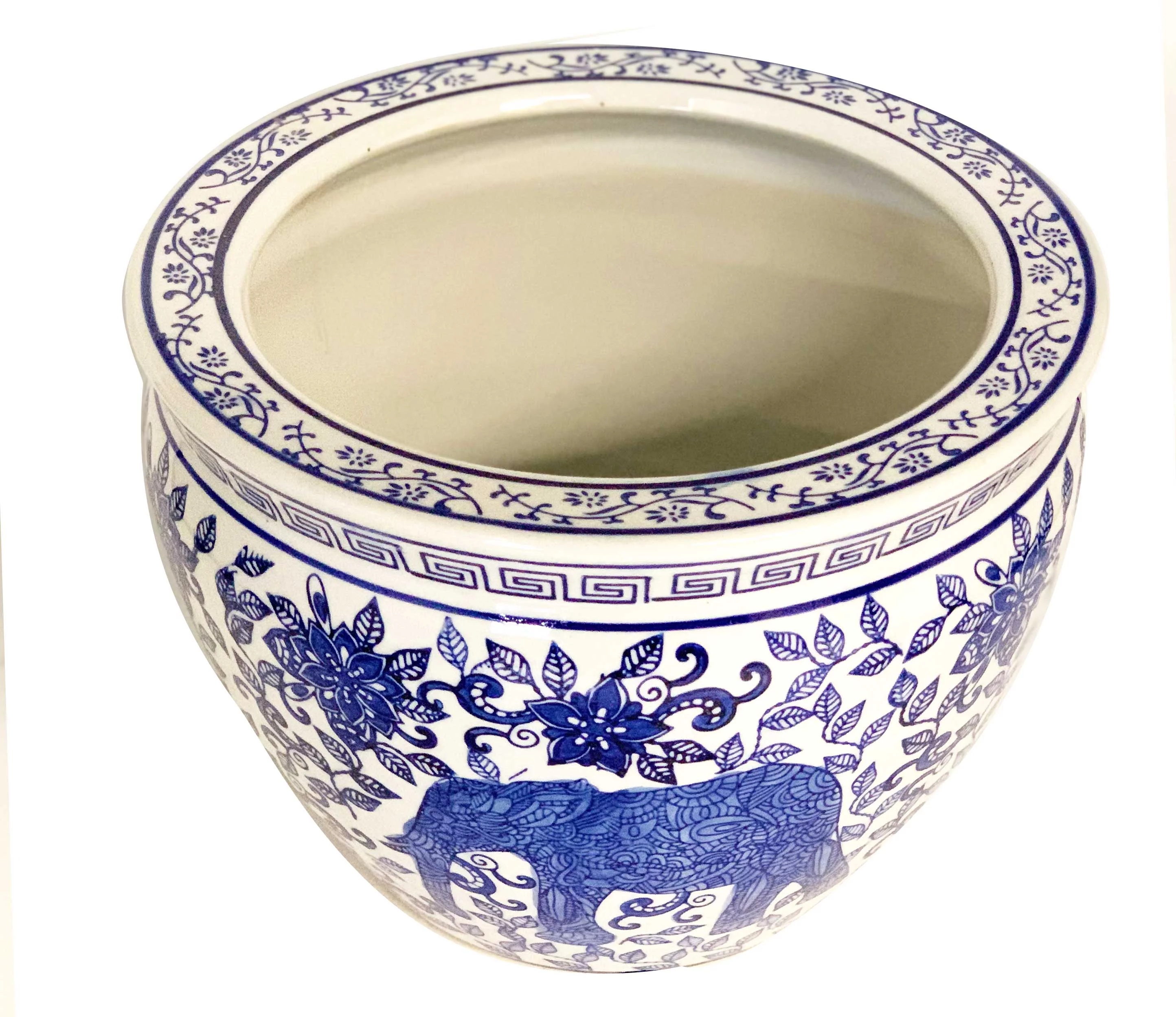 Blue And White Porcelain Fishbowl With Elephant Design (12