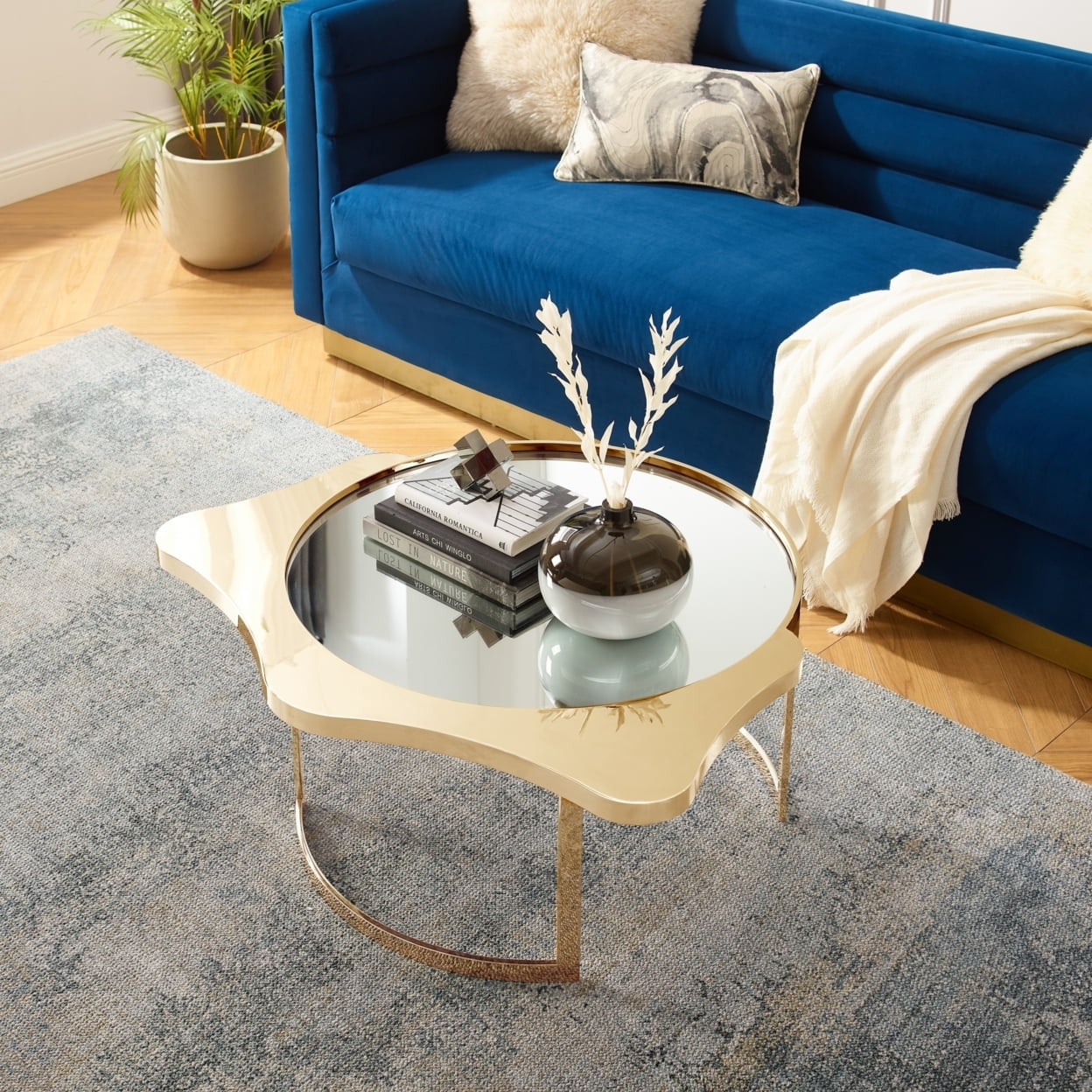 Caris Coffee Table - Mirrored Top Abstract Shape Open Rounded Frame