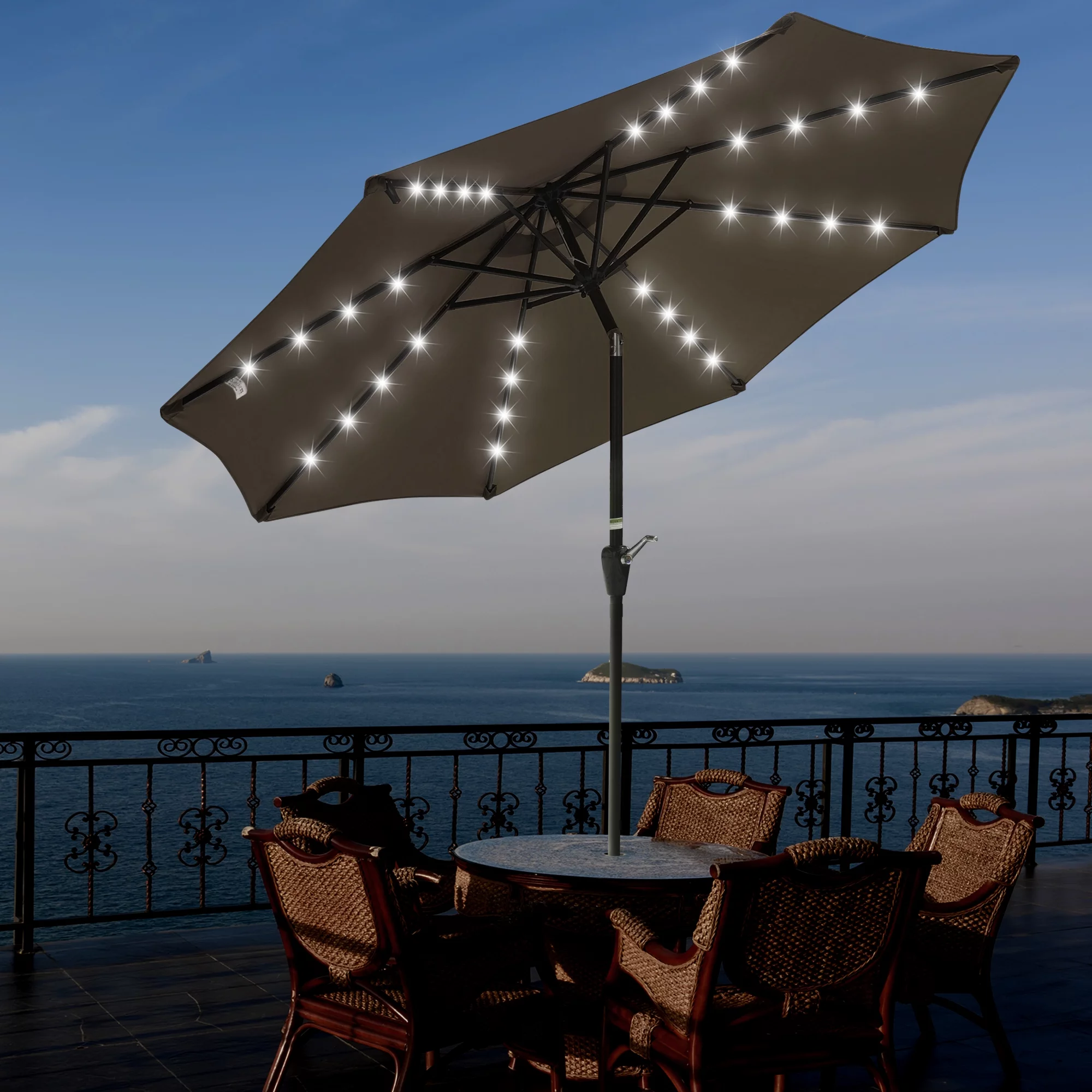 Yescom 9' Outdoor Solar Powered LED Umbrella 8 Ribs w/ 32 Lights for Patio Garden Deck Tilt UV30 Chocolate (Pack of 2)