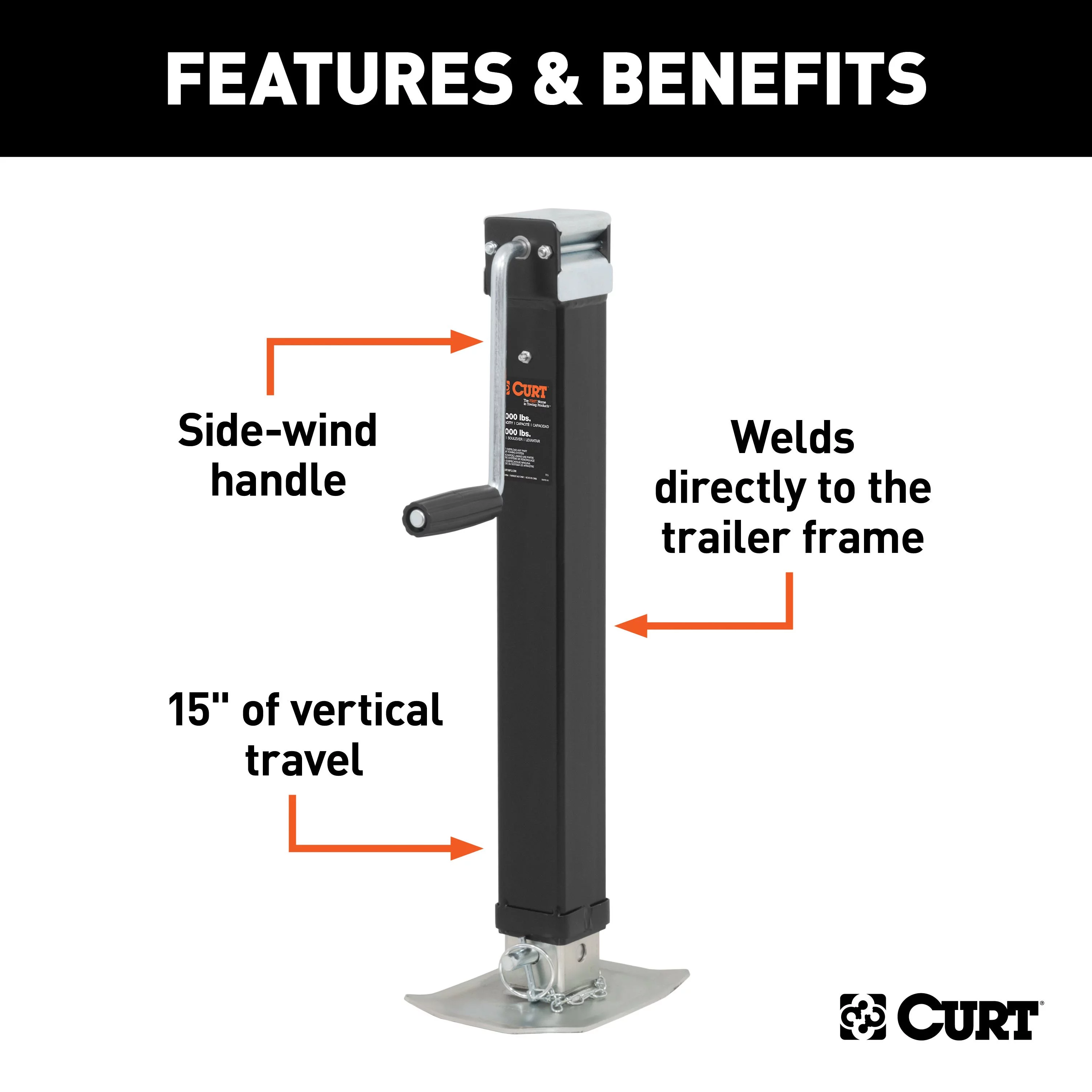 CURT 28575 Direct Weld On Heavy-Duty Trailer Jack, 8,000 lbs. 15 Inches Vertical Travel