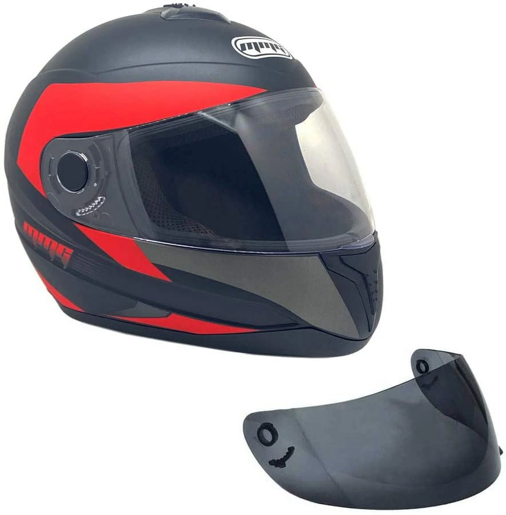 MMG Adult Motorcycle Full Face Helmet DOT with Spare Tinted Shield - Matte Black Red (X-Large) Model 26