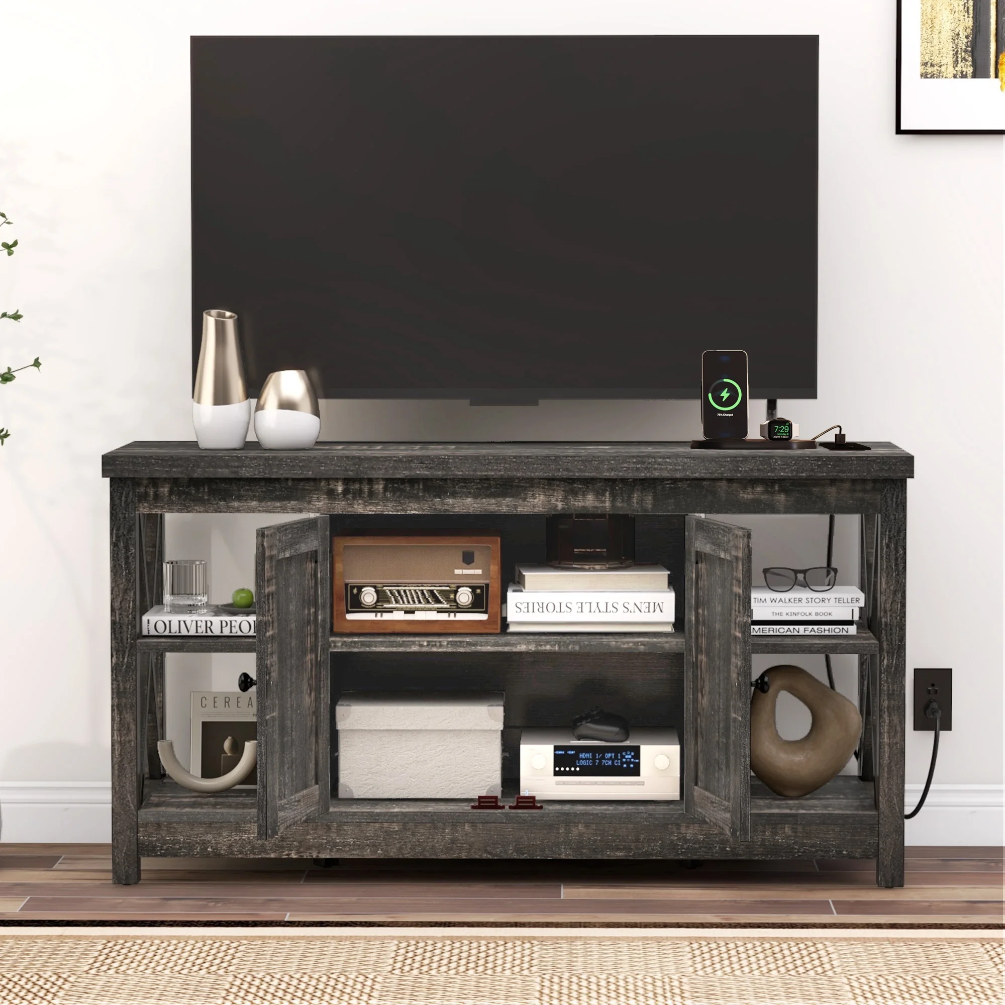 DWVO Farmhouse TV Stand with Built in Power Outlet, Entertainment Center with Storage, Wood TV Media Console for Living Room, Rustic Oak