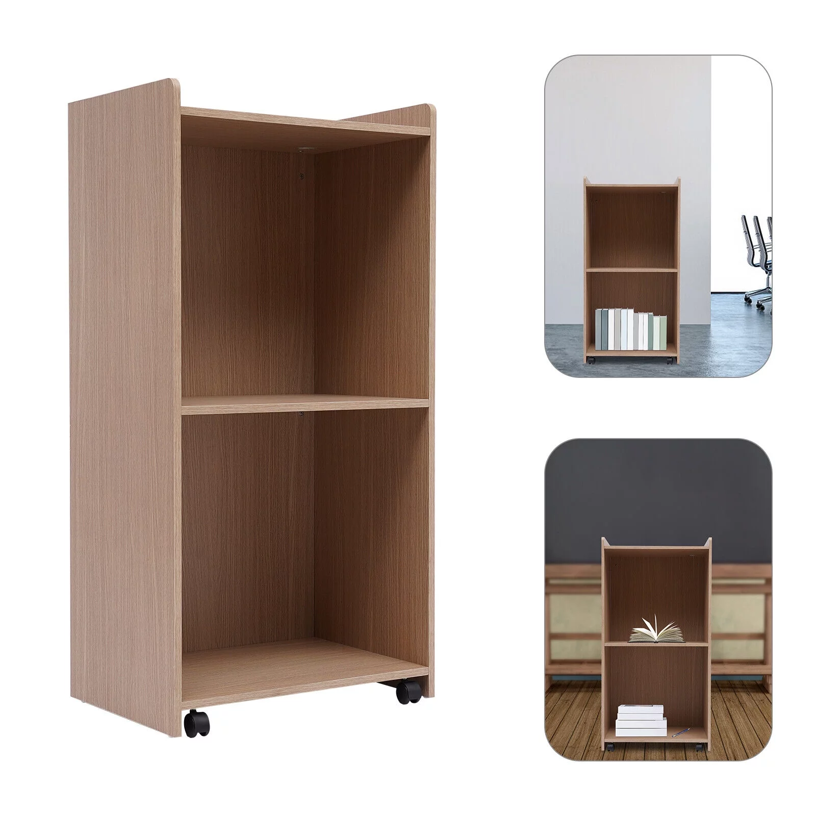 SHZICMY Mobile Podium Wooden Floor Standing Stand Speaking Lectern with Shelf & Wheels for Office Conference Room Oak
