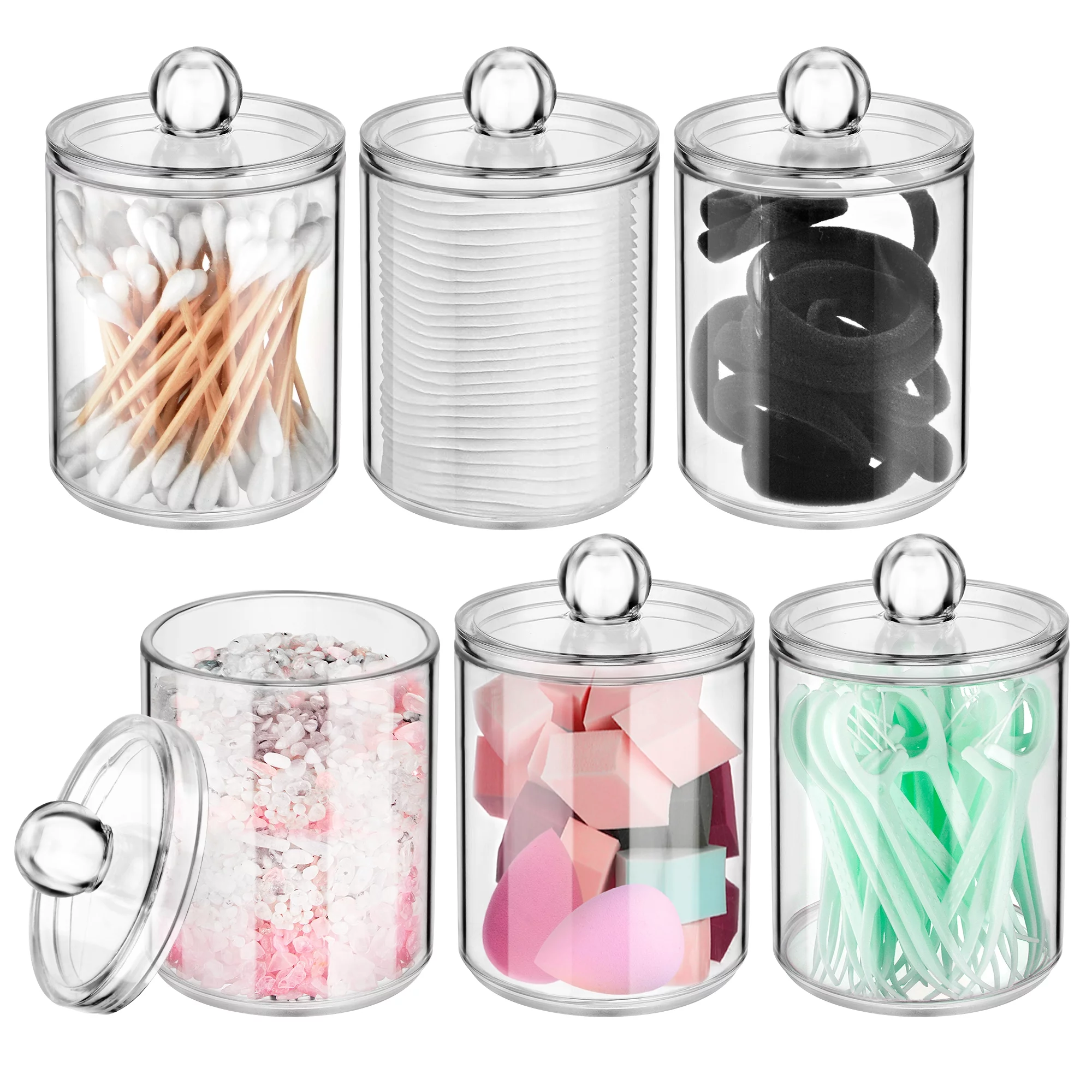WeGuard 6 Pack Plastic Apothecary Jars with Lids - Qtip Holder Bathroom Canister Sets Clear Plastic Acrylic Jar for Cotton Ball, Cotton Swab, Q-Tips, Cotton Rounds-Bathroom Accessories Jars