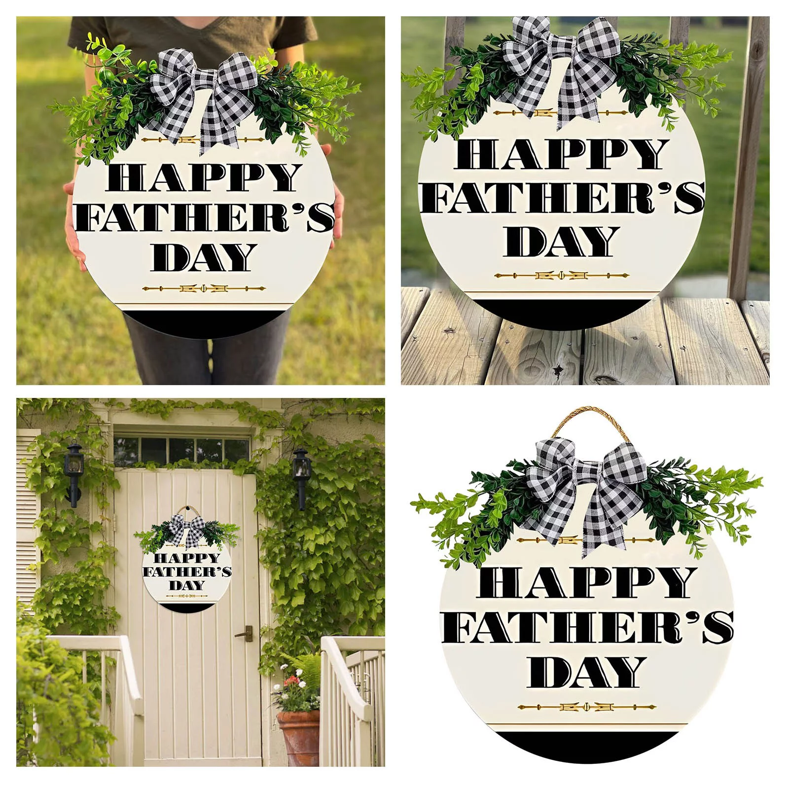 USYFAKGH Fathers Day Gifts 1PCS Happy Fathers Day Wooden Front Door Sign Rustic Round Wreath Wall Hanger Porch Decor Spring and Summer Housewarming Gift 12in Door Sign