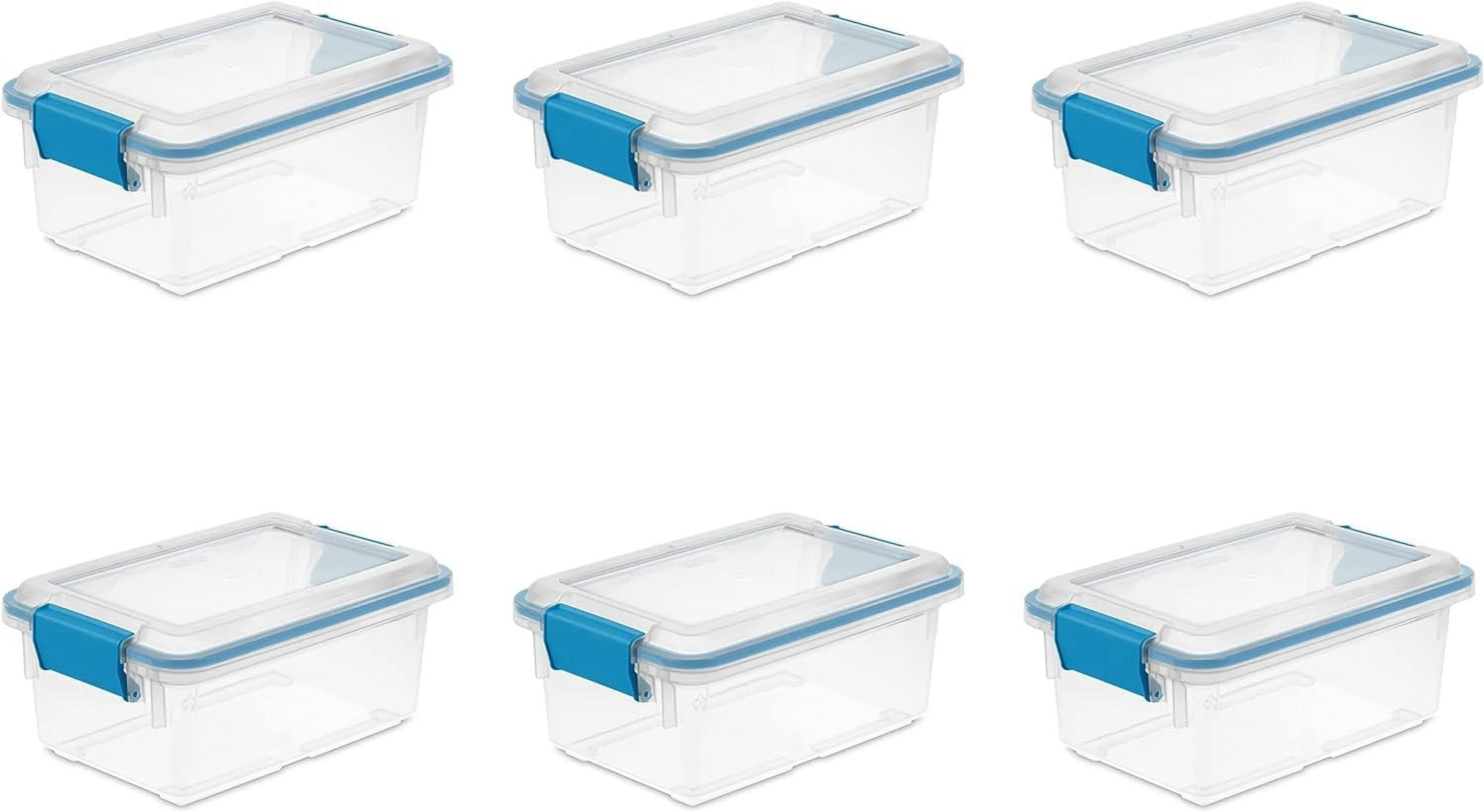 Sterilite 7.5 Qt Gasket Box, Stackable Storage Bin with Latching Lid and Tight Seal, Plastic Container to Organize Basement, Clear Base, Lid, 6-Pack