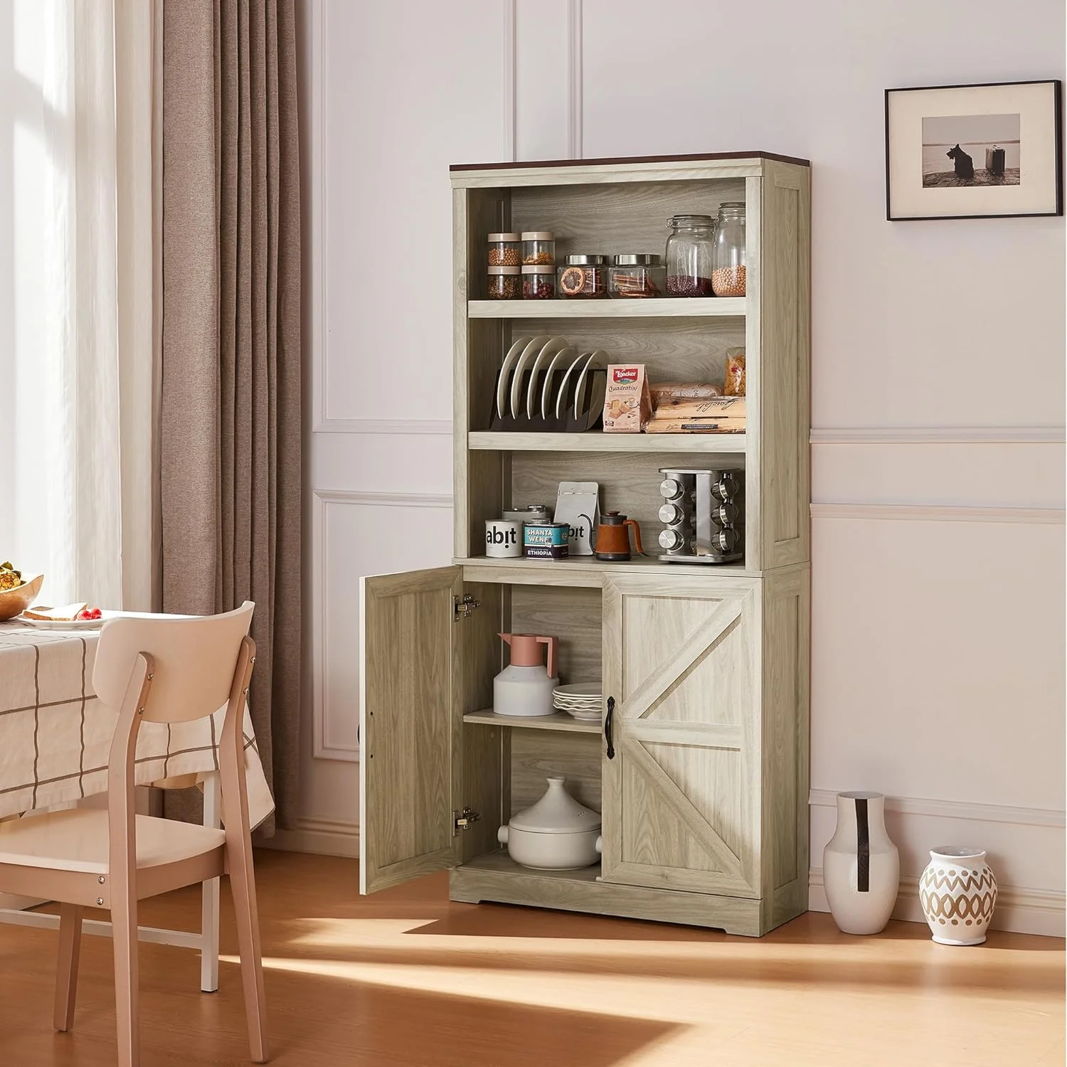 Bookcases with Doors, Farmhouse Storage Cabinet 69 in Tall 5-Shelf Bookcase, Floor Standing Display Bookshelves with Adjustable Shelves for Living Room, Bedroom, Kitchen, Washed Grey