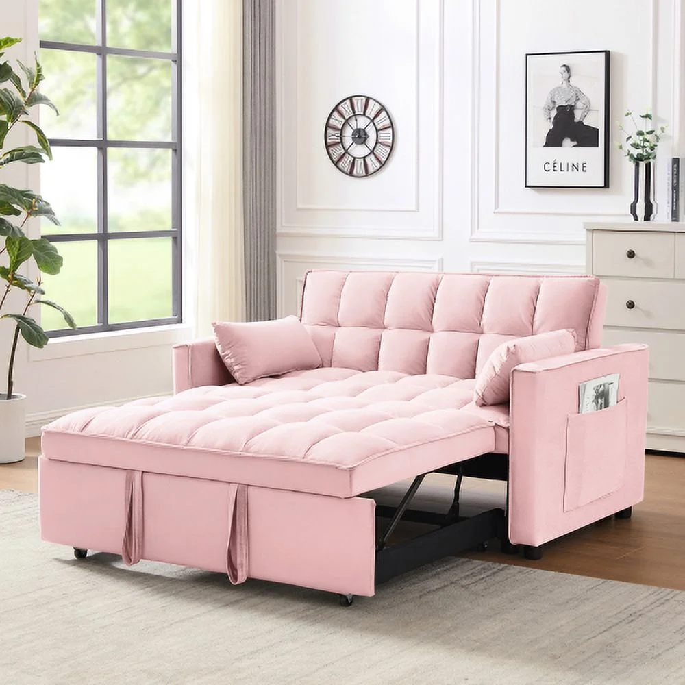 Modern Velvet Loveseat Futon Sofa Couch W/Pullout Bed,Small Love Seat Lounge Sofa W/Reclining Backrest,Toss Pillows, Pockets,Furniture For Living Room,3 In 1 Convertible Sleeper Sofa Bed, Pink
