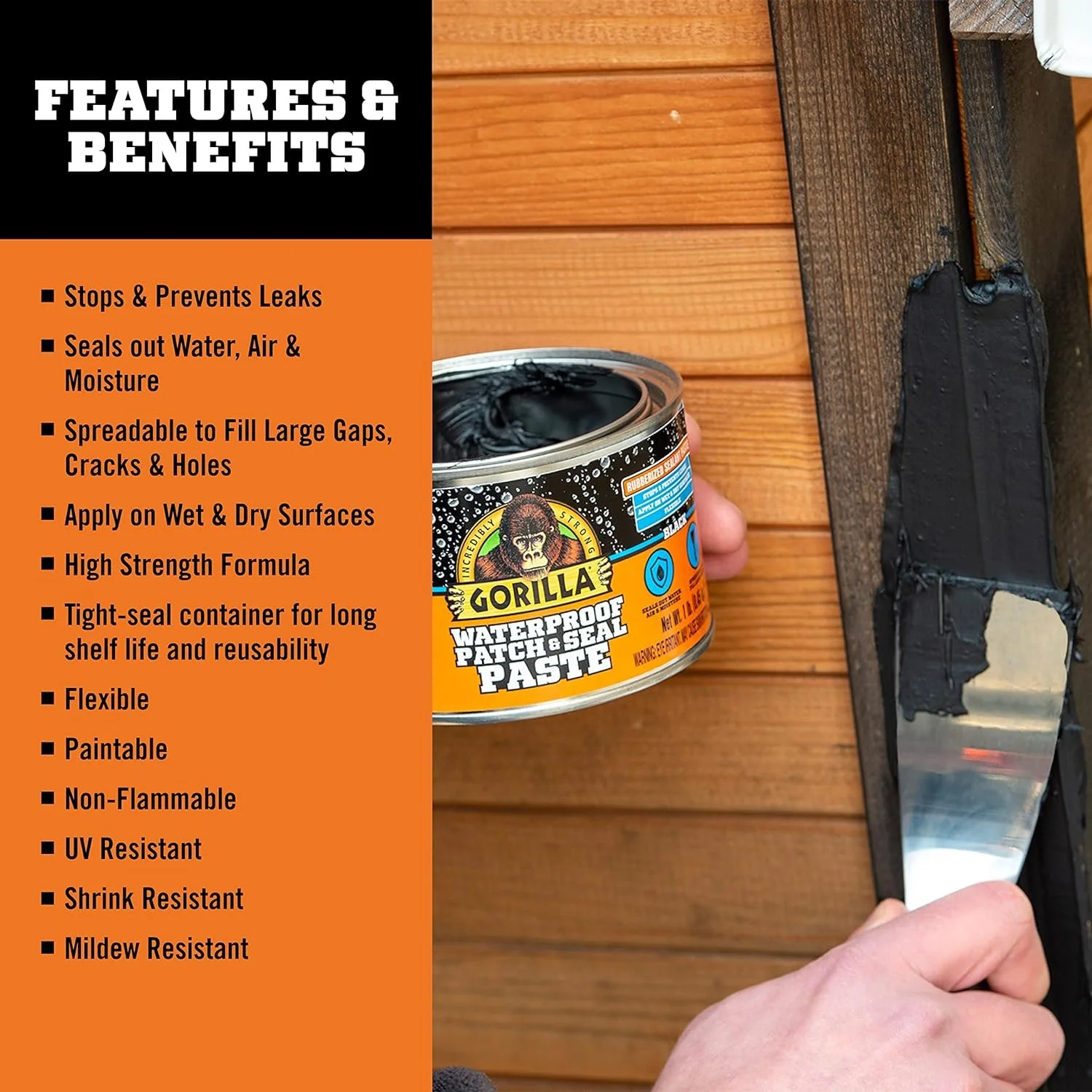 Gorilla Waterproof Patch & Seal Rubberized Sealant Paste, Black, 1lb Can Bulk Pack of 6