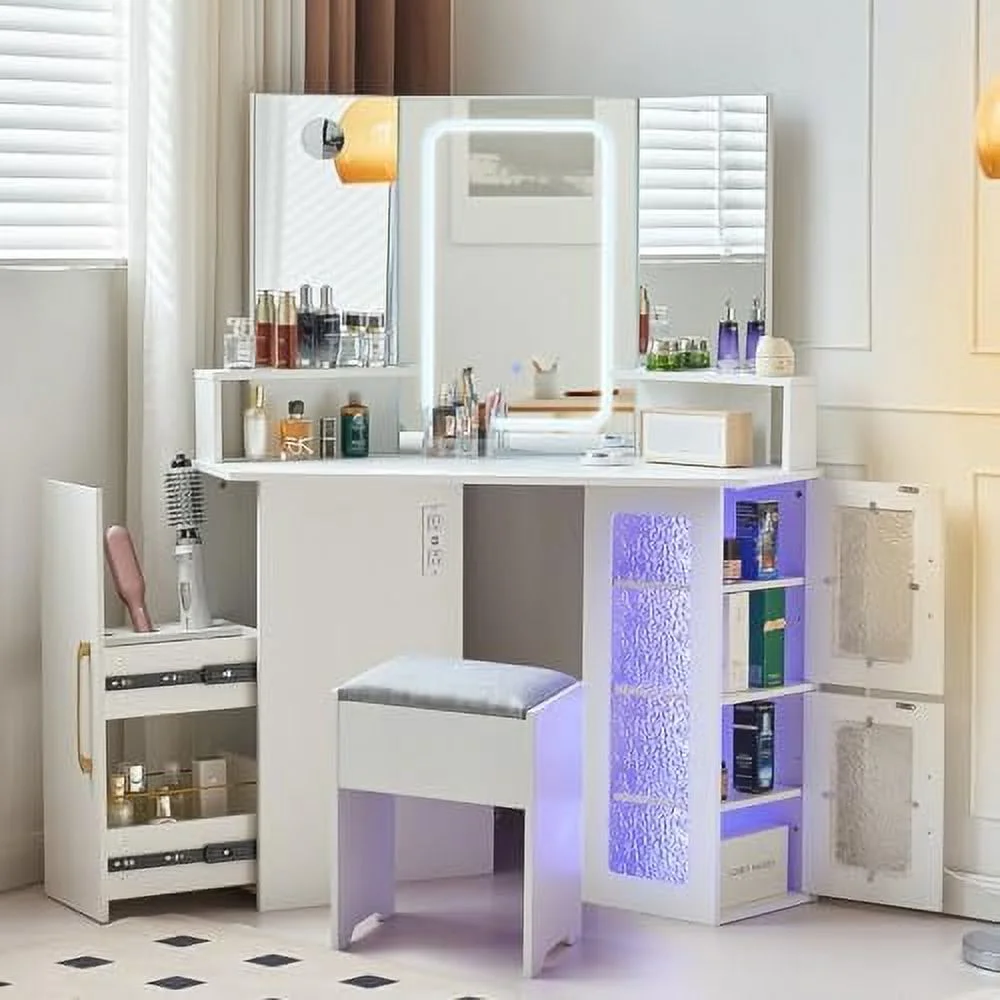 SQVGYU Vanity Desk with Mirror and Lights  Vanity Set with 3 Color and Brightness Adjustable  Vanity Table with Power Outlet & Cushioned Stool  Small Vanity for Girls Bedroom  Black