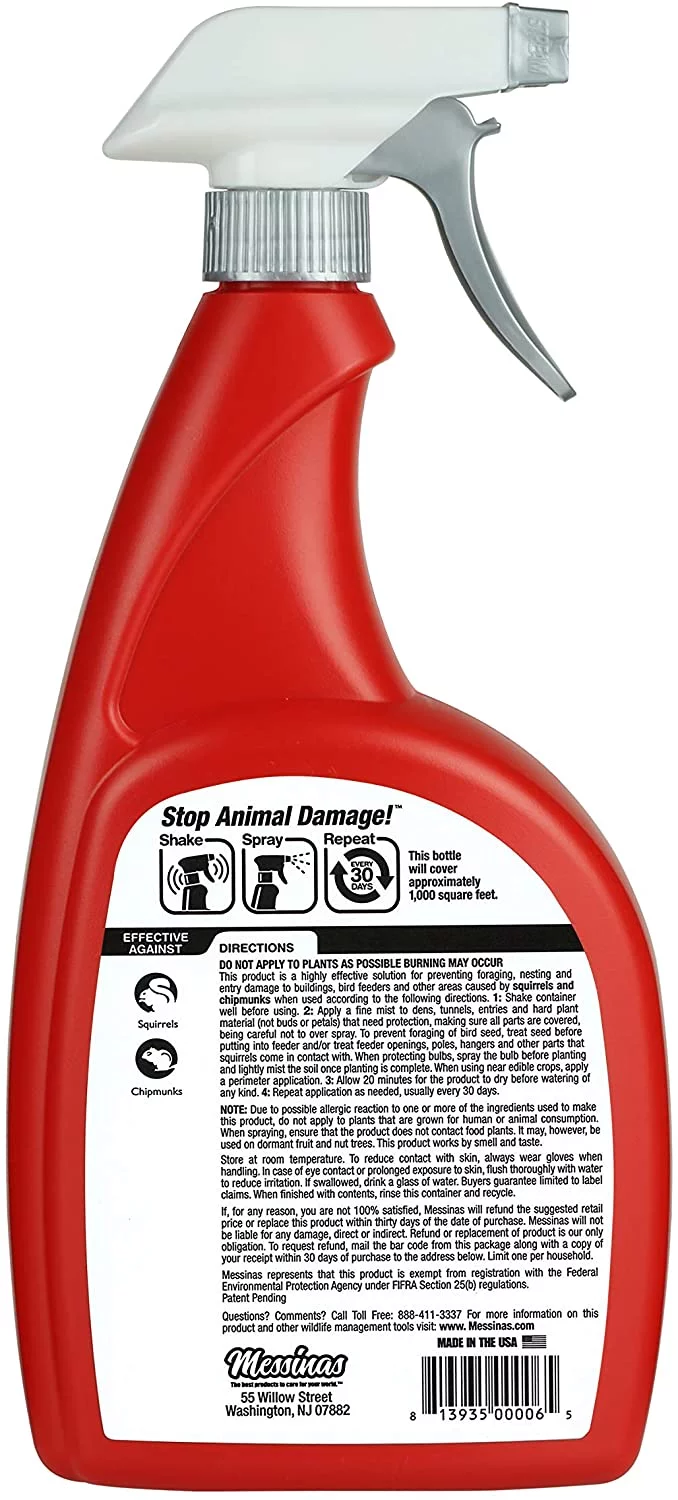 Messinas Squirrel Stopper Animal Repellent, 32oz Trigger Ready tp Use, Repels Squirrels and Chipmunks