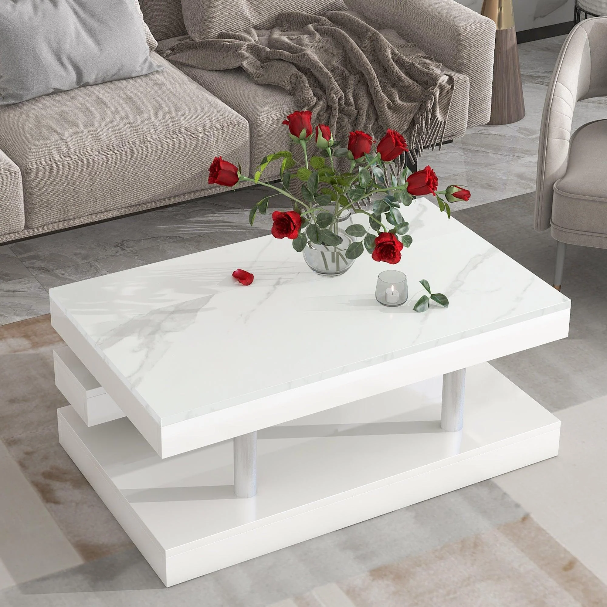 Supfirm Modern 2-Tier Coffee Table with Silver Metal Legs, Rectangle Cocktail Table with High-gloss UV Surface, Minimalist Design Center Table for Living Room, White