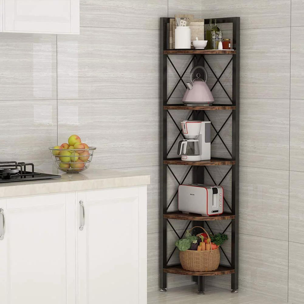 TribeSigns Industrial Tall Corner shelf, 5 Tier Bookshelf Display Unit Storage Rack Plant Stand for Living Room Kitchen Study Small Space