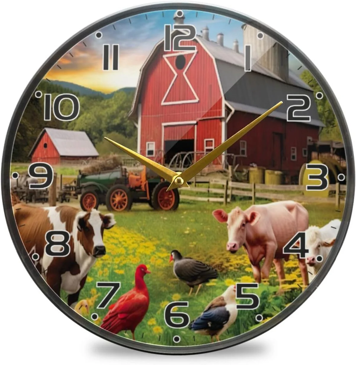 Farmhouse Animals Wall Clock Round Silent Non Ticking Battery Operated Accurate Arabic Numerals Design Clocks for Home Kitchen Living Room Bedroom 12inch Home Decor