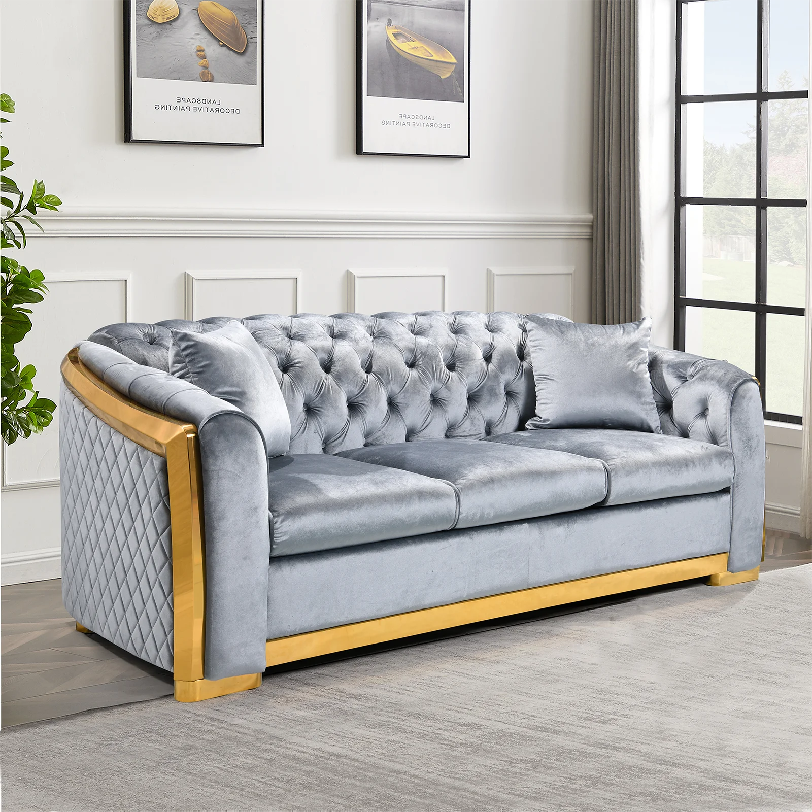 DECORAflex 89 Inch Velvet Chesterfield Sofa,Luxury Modern Upholstered Sofa Couch with Metal Legs,3 Seater Tufted Sofa for Living Room，for Office, Apartment，Grey