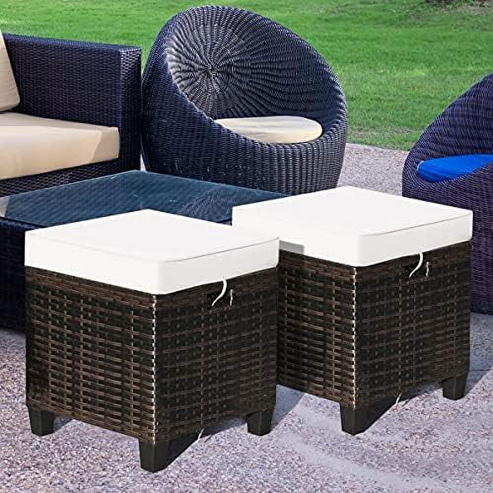 HBBOOMLIFE Wicker Ottoman Set of 2  All Weather Rattan Patio Ottoman Set  Outdoor Foot  Patio Foot Stool with Waterproof & Removable Cushions for Balcony Backyard Garden Poolside (Nav