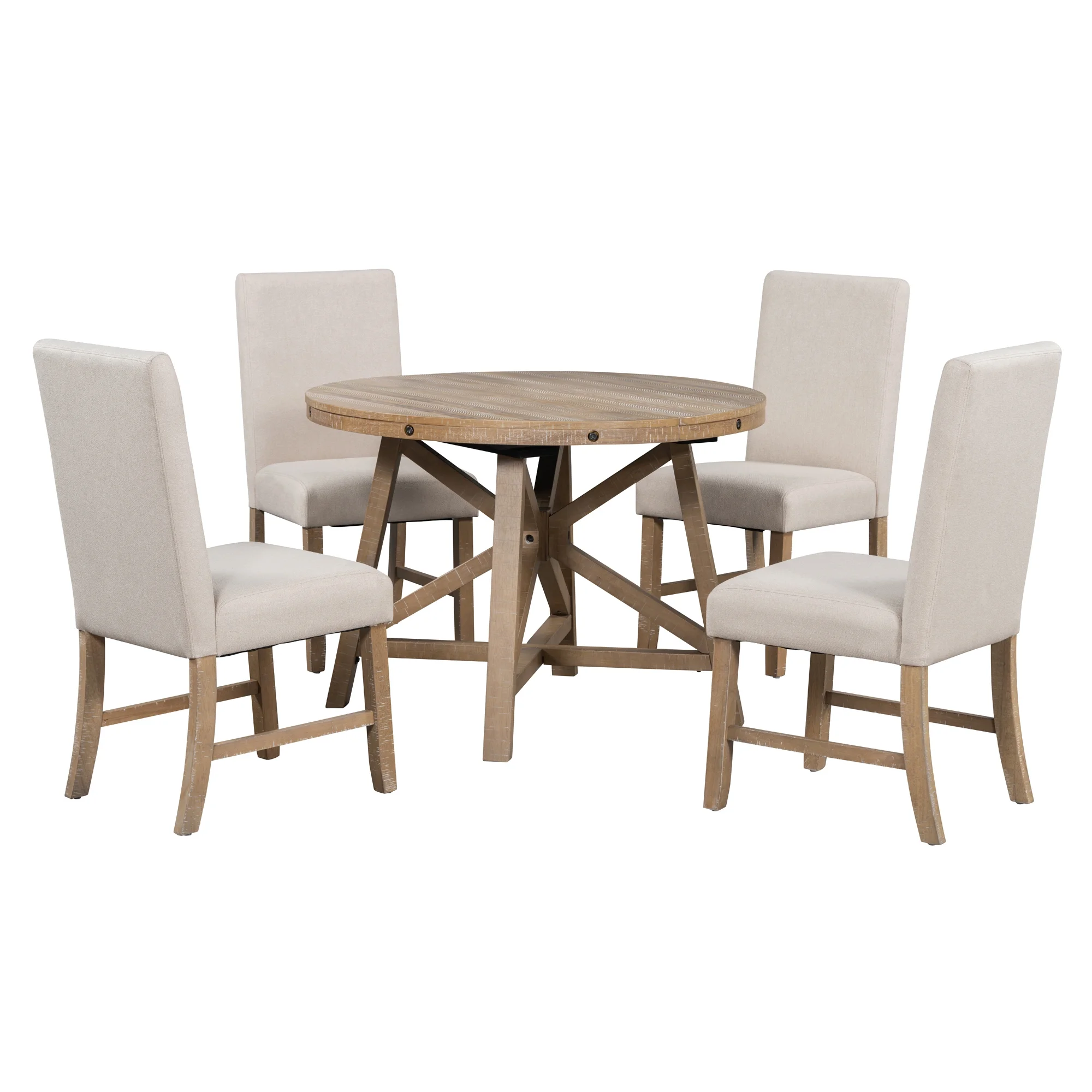 TREXM 5-Piece Retro Dining Set with Extendable Round Table, Removable Middle Leaf, and 4 Upholstered Chairs - Natural Wood Wash