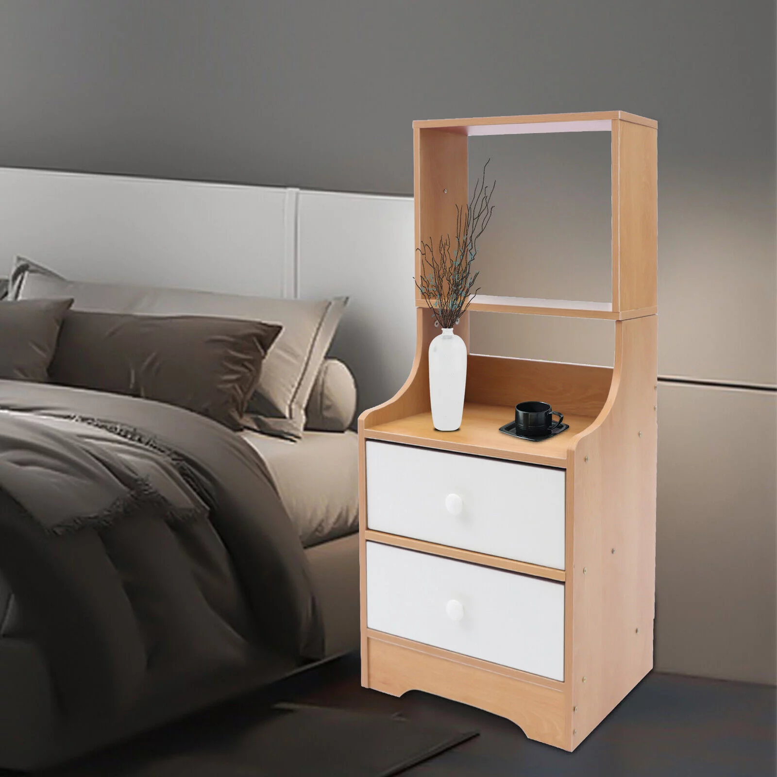 TFCFL Modern Tall Bedside Table Modern 2 IN 1 Nightstand with 2 Drawers+hat Hanging Hook