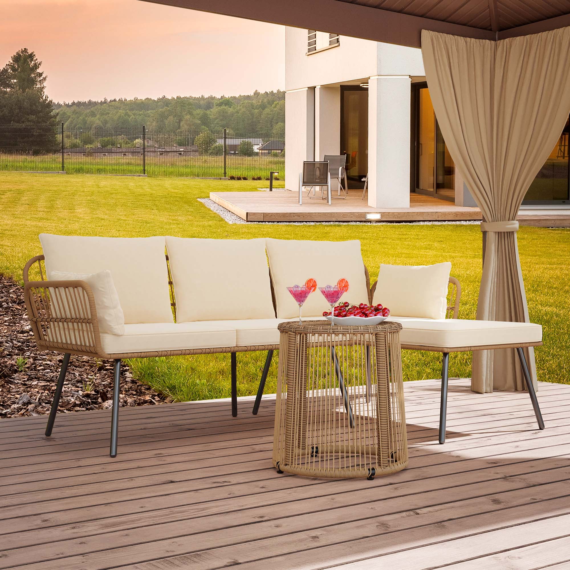 Dextrus 3 Pieces Patio Furniture Set,Outdoor Wicker Conversation Set of Sectional L-Shaped Sofa Boho Detachable Lounger with Cushions and Coffee Table - Beige