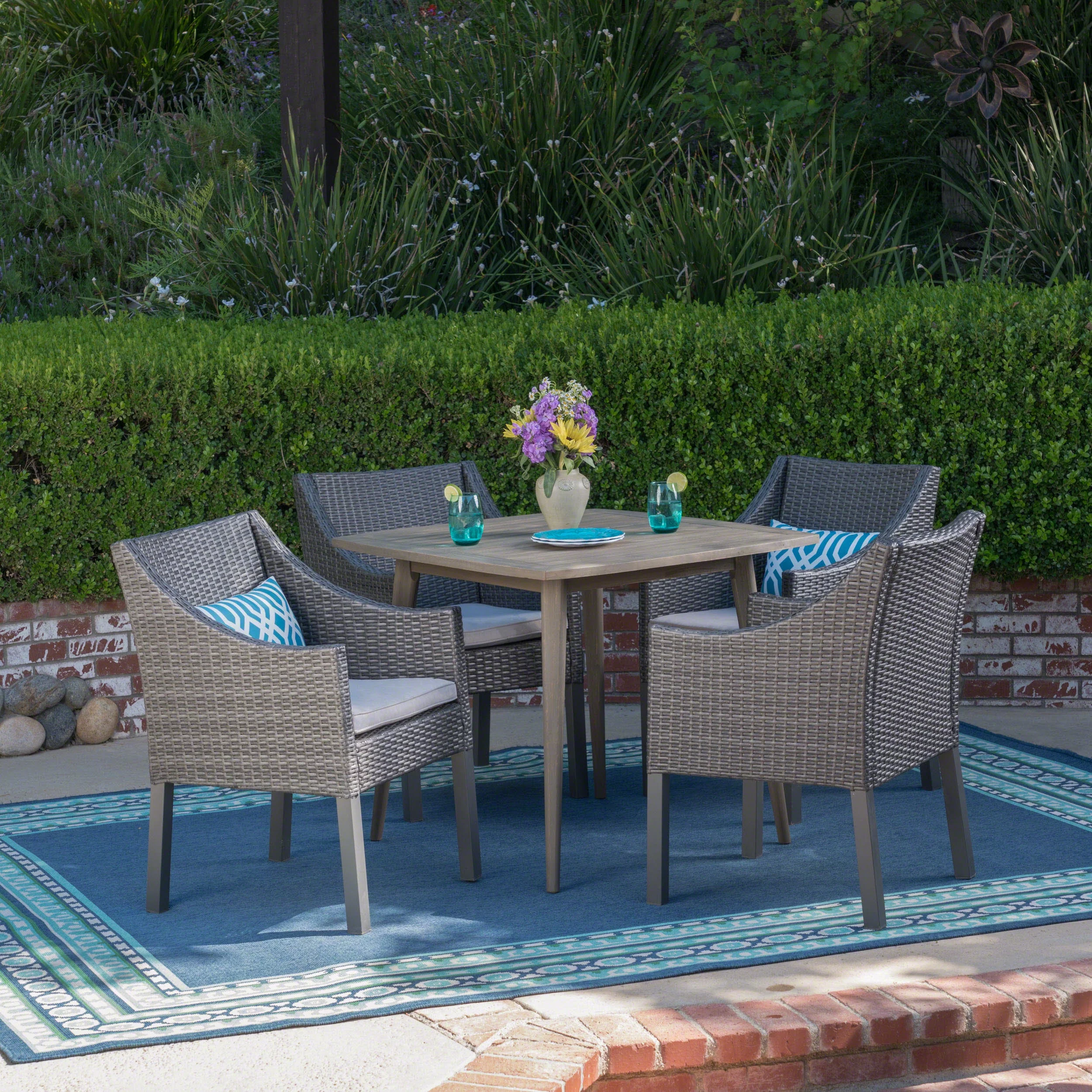 GDF Studio Jeco Outdoor Acacia Wood and Wicker 5 Piece Dining Set with Cushion, Gray and Light Gray