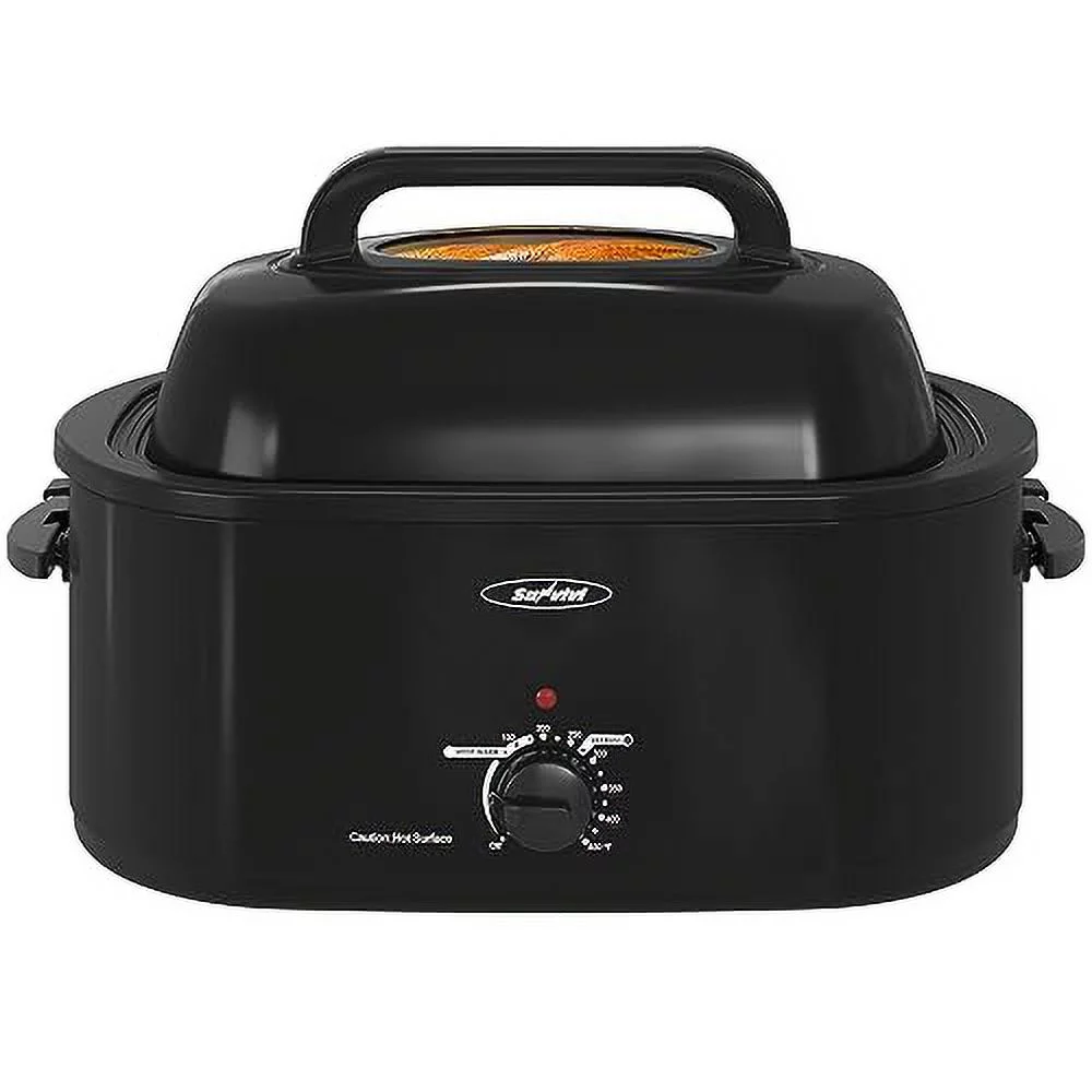 Sunvivi 22 Quart Electric Turkey Roaster Oven with Visible Glass Lid,Removable Pan & Rack, Stainless Steel, Black