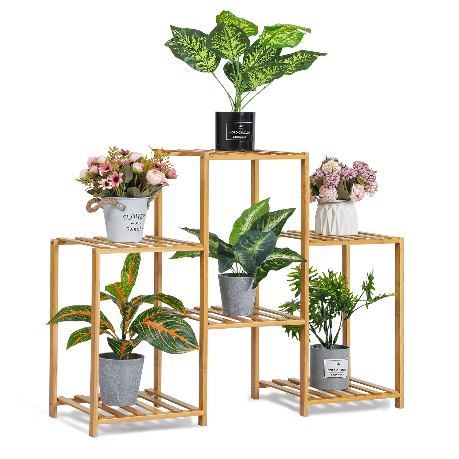 Magshion Bamboo 4 Tiers Corner Plant Stand, Pot Holder Flower Storage Shelf Rack, Natural, for Garden