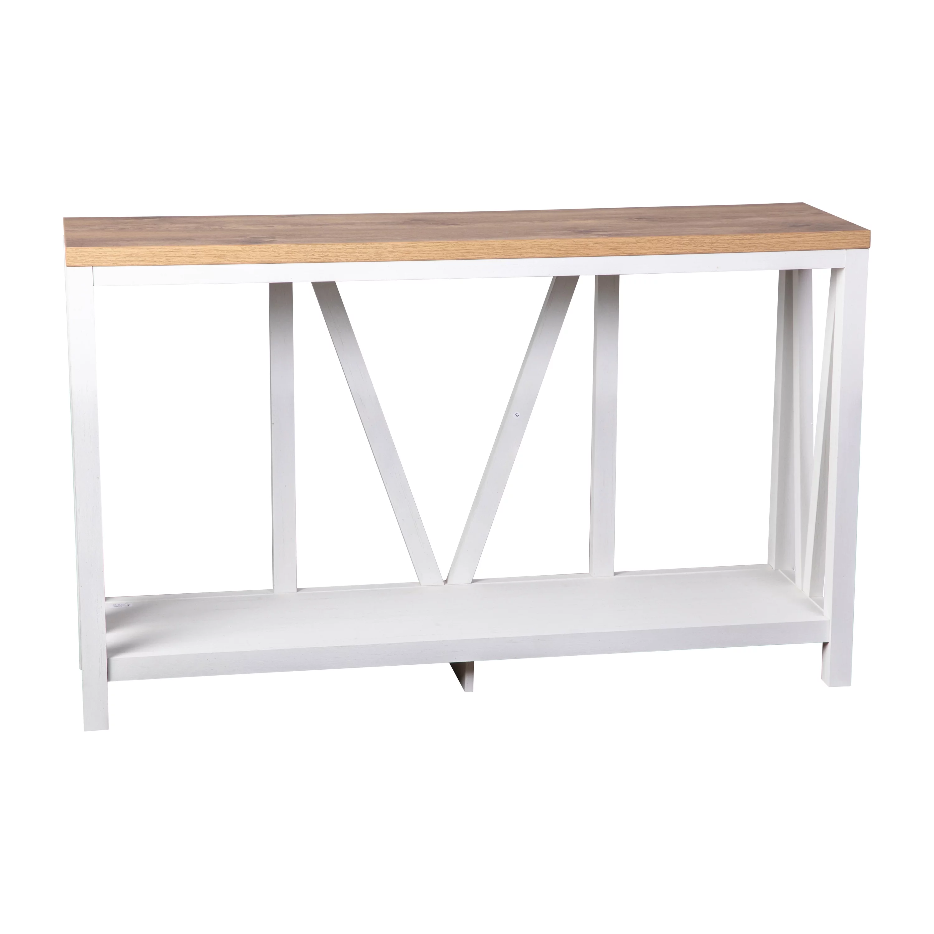 BizChair Farmhouse 2-Tier Console Accent Table - Brushed White Finish Engineered Wood Frame - Warm Oak Finish Tabletop - For Entryway or Living Room