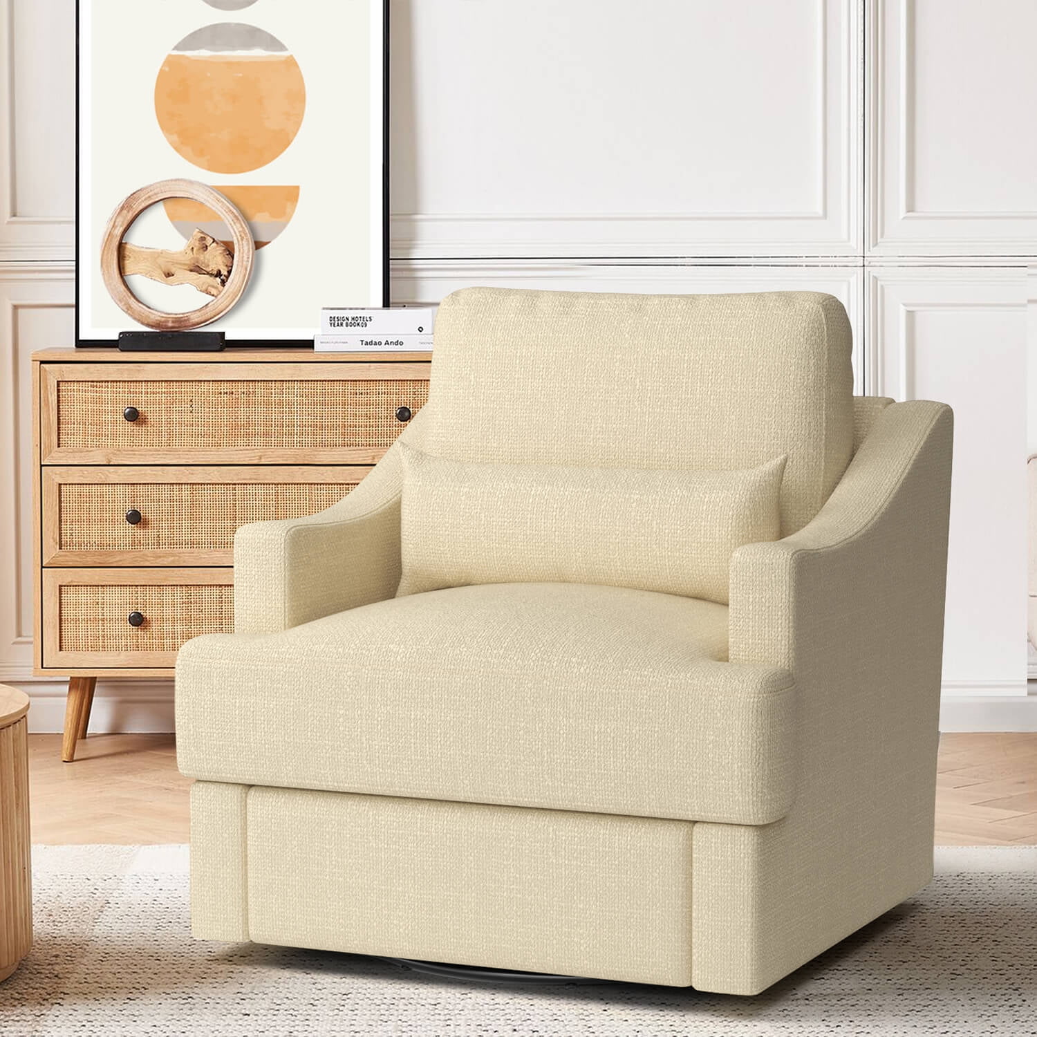 MEISSALIVVE Modern 360° Degree Swivel Accent Chair with Metal Base Soft Lumbar Pillow for Living Room Bedroom