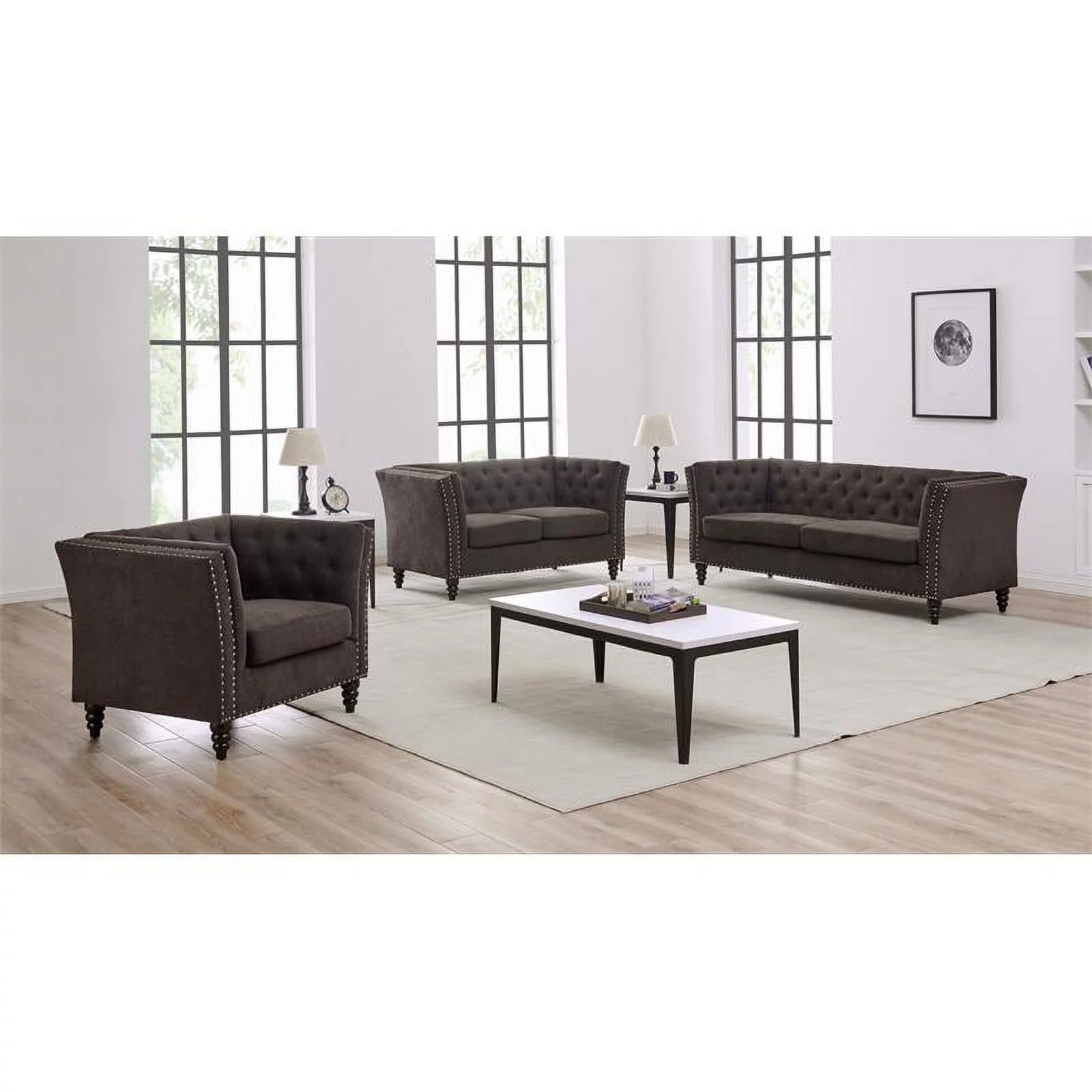 Home Square 3 Piece Set with Living Room Sofa Loveseat and Chair in Brown