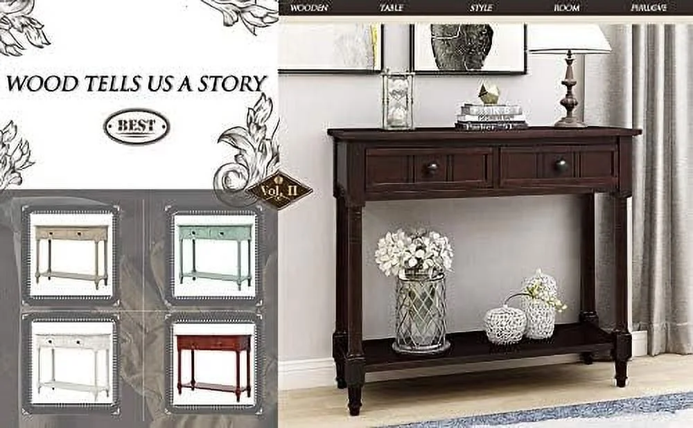 xrboomlife Console Table Retro Style Wooden Sofa Table with Bottom  and 2 Drawers for Home Living Room (Espresso)