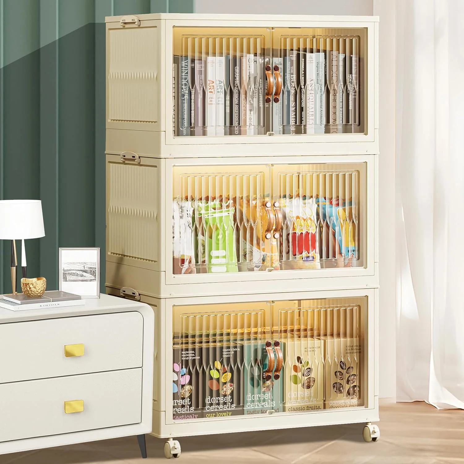 Stackable Storage Bins with Lids 14 Gal Collapsible,3-Tier Plastic Foldable Storage Boxes with Doors and Wheels