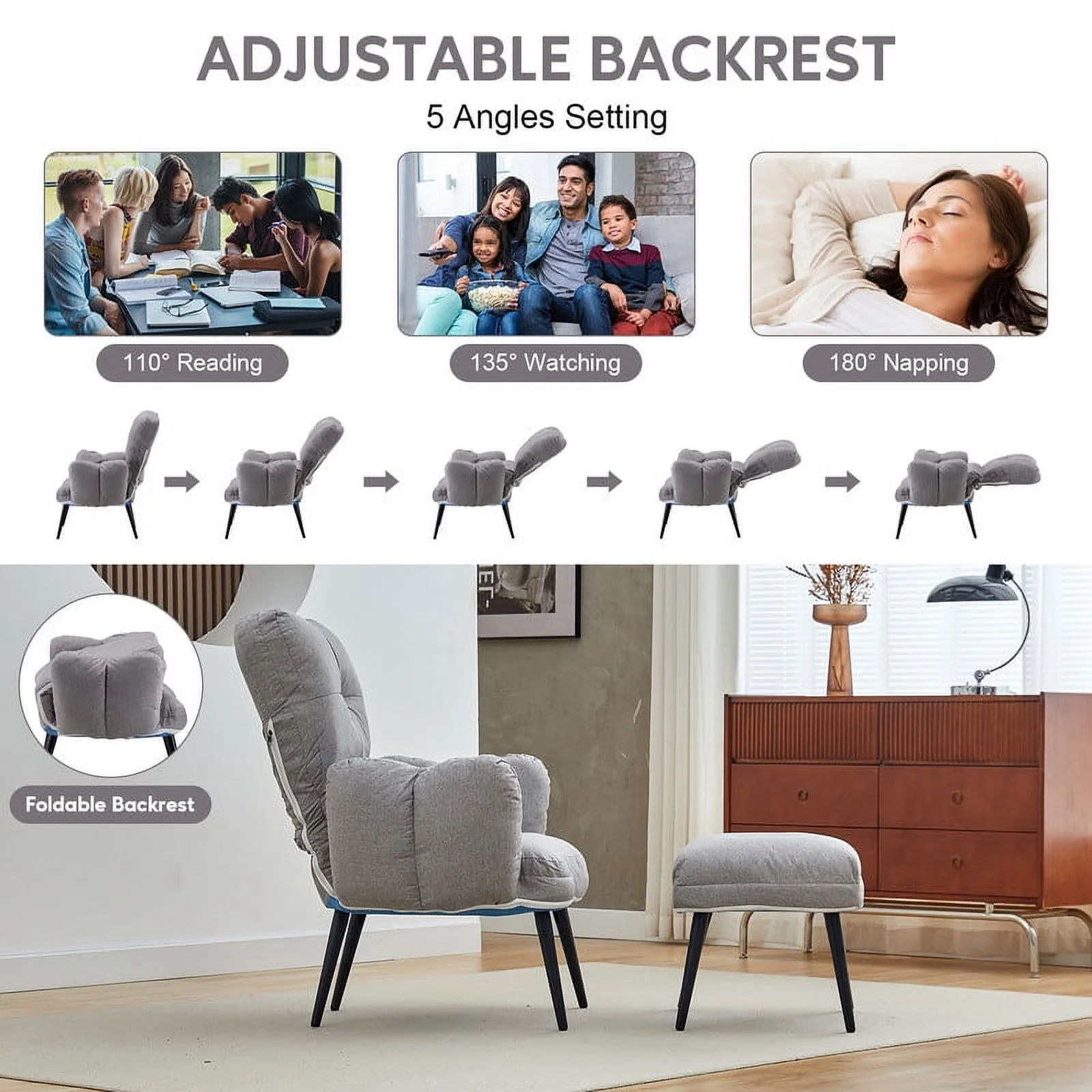 Clipop Living Room Lazy Chair with Ottoman, Indoor Modern Lounge Accent Chair with Ottoman, with Adjustable Backrest, Gray