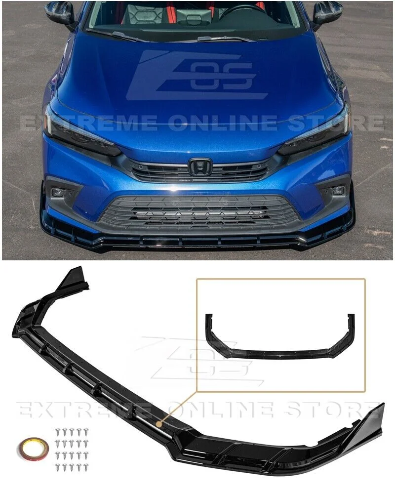 Replacement For 2022-Present Honda Civic | JDM Performance Style Fiber 3-Pieces ABS Plastic - Painted Glossy Black Front Bumper Lip Chin Spoiler Lower Splitter
