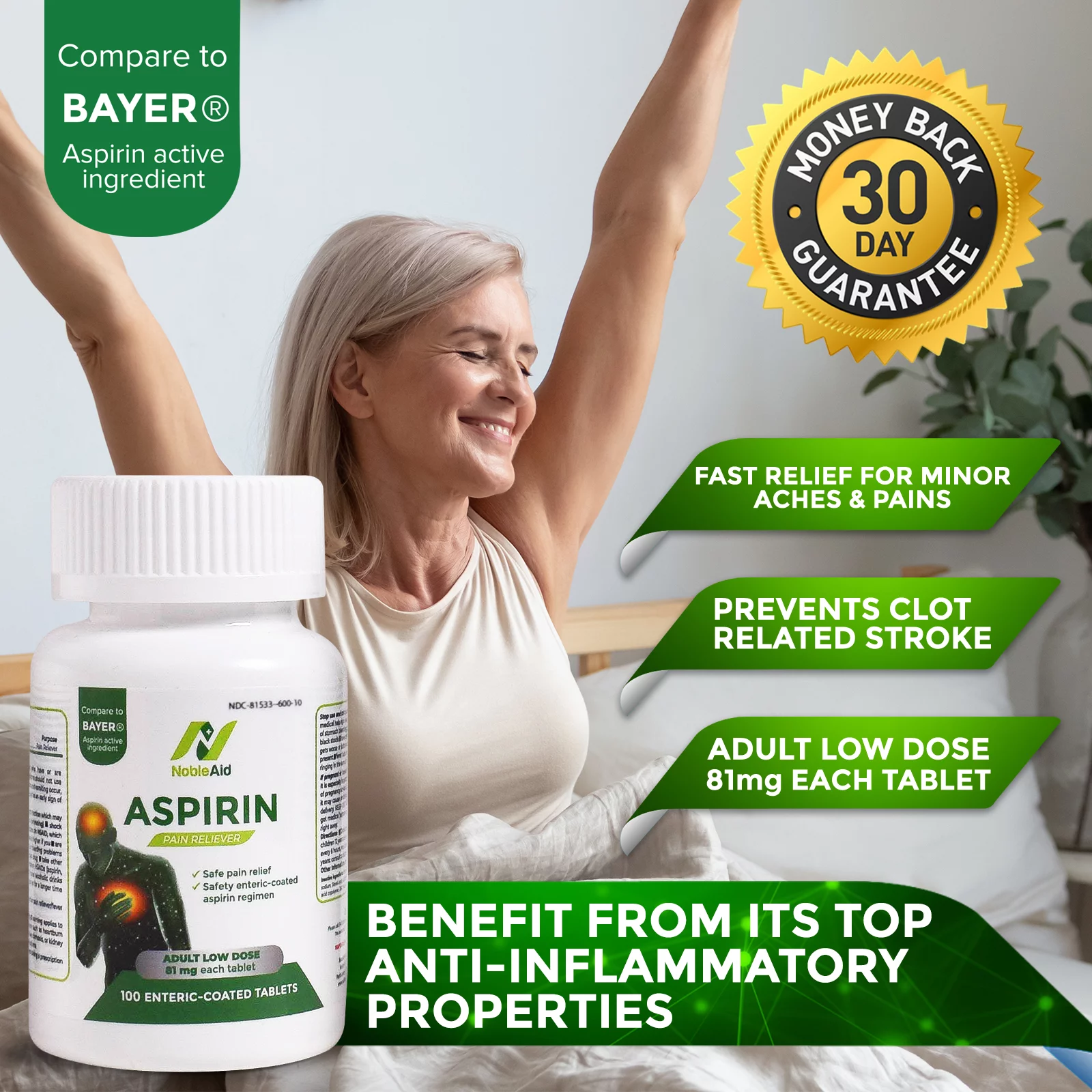 NobleAid Enteric Coated Low Dose 81 mg Aspirin Tablet for Fever & Headache, 100-Pack