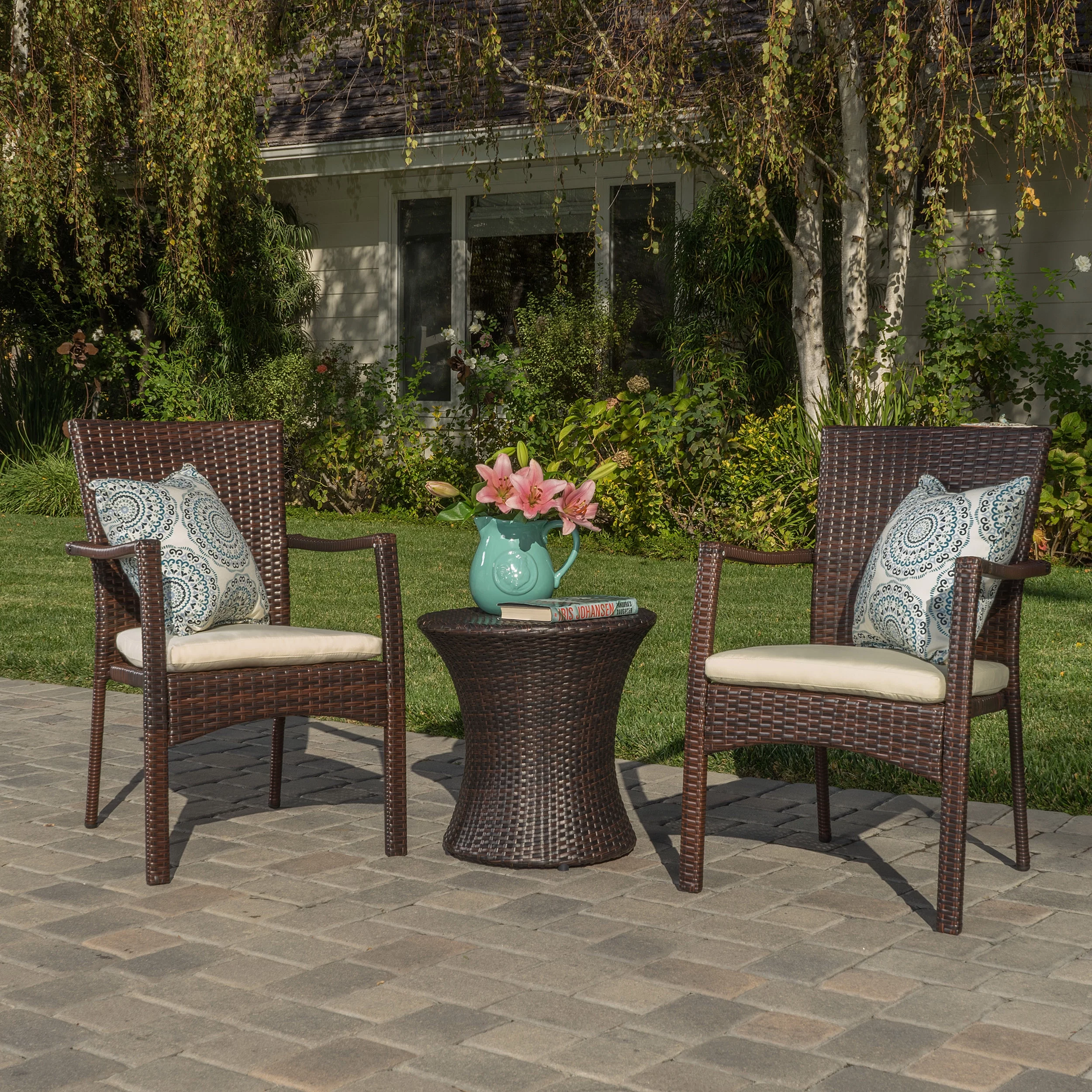 Ramsey Outdoor Wicker 3 Piece Chat Set with Cushions, Brown, Crme