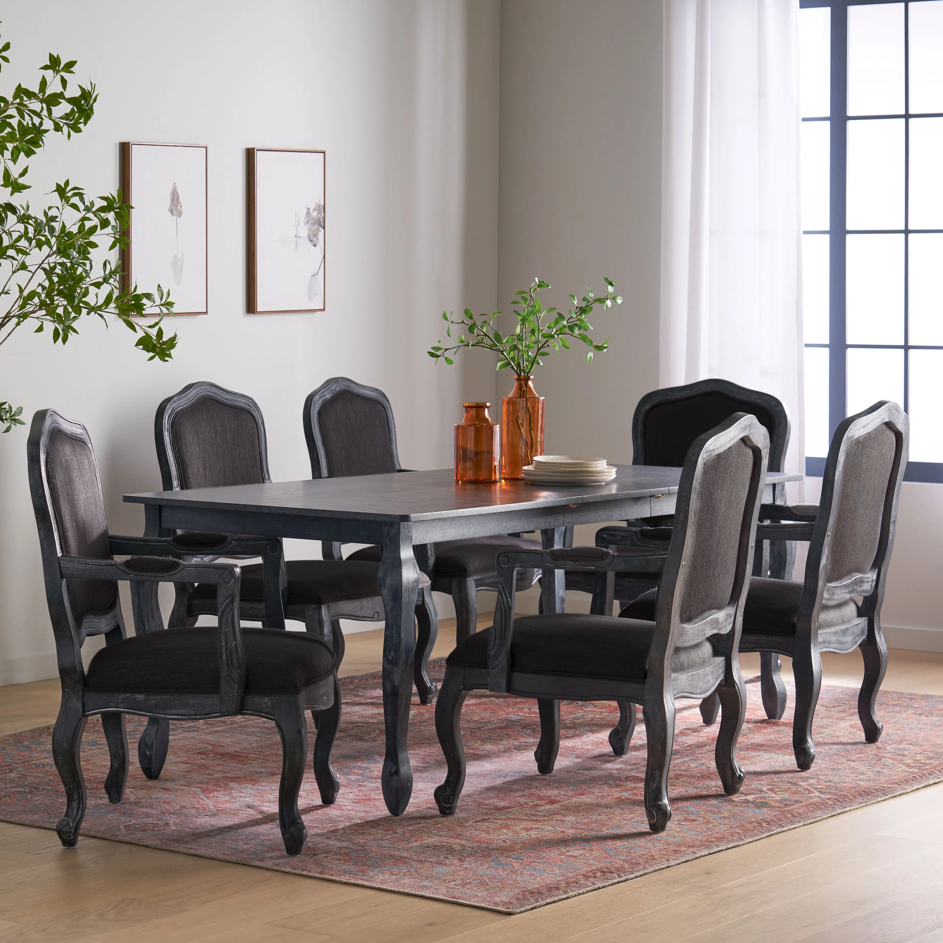GDF Studio Bonview French Country Fabric Upholstered Wood Expandable 7 Piece Dining Set, Gray and Black
