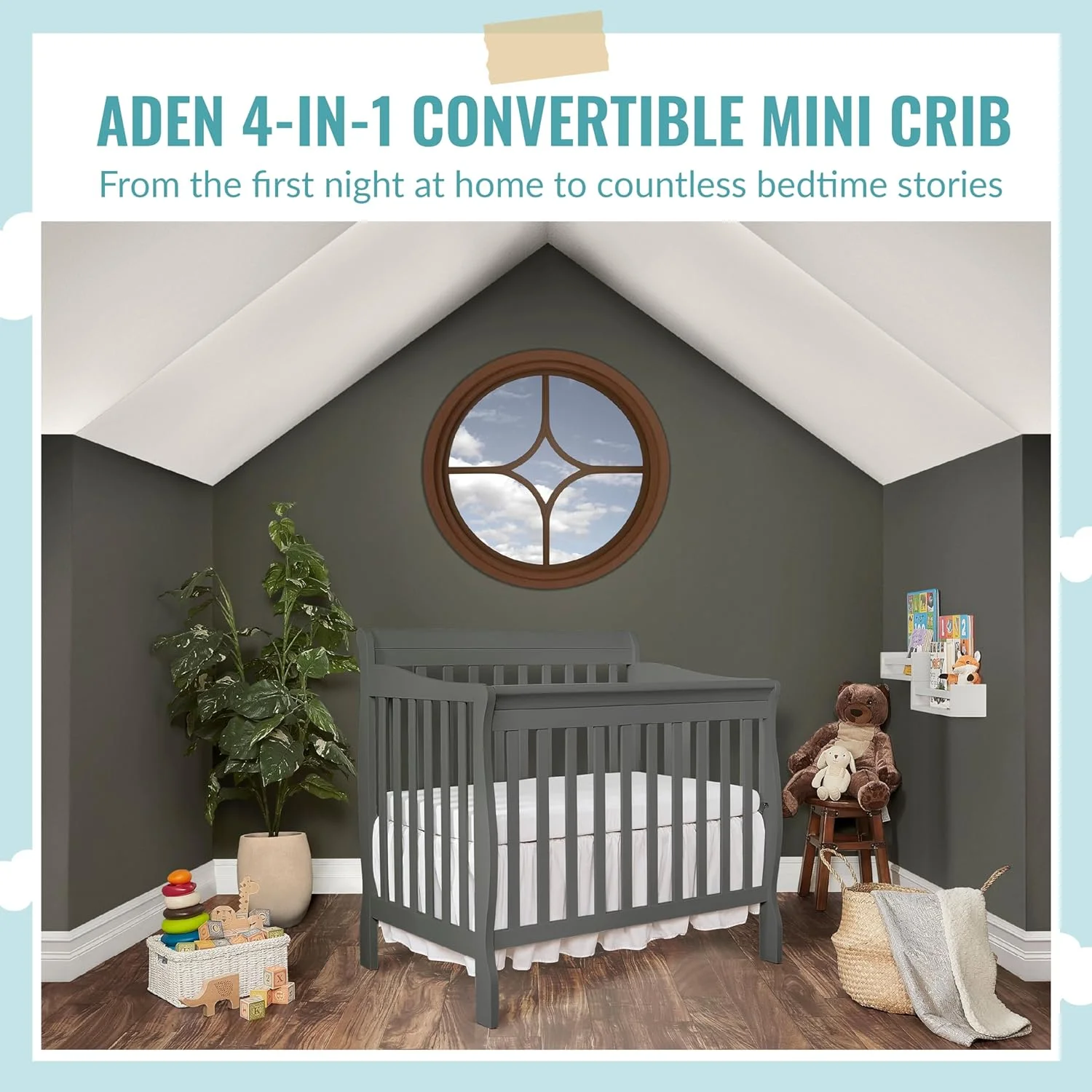 HYUN Aden 4-in-1 Convertible Mini Crib In Steel Grey, Greenguard Gold Certified, Non-Toxic Finish, New Zealand Pinewood, With 3 Mattress Height Settings