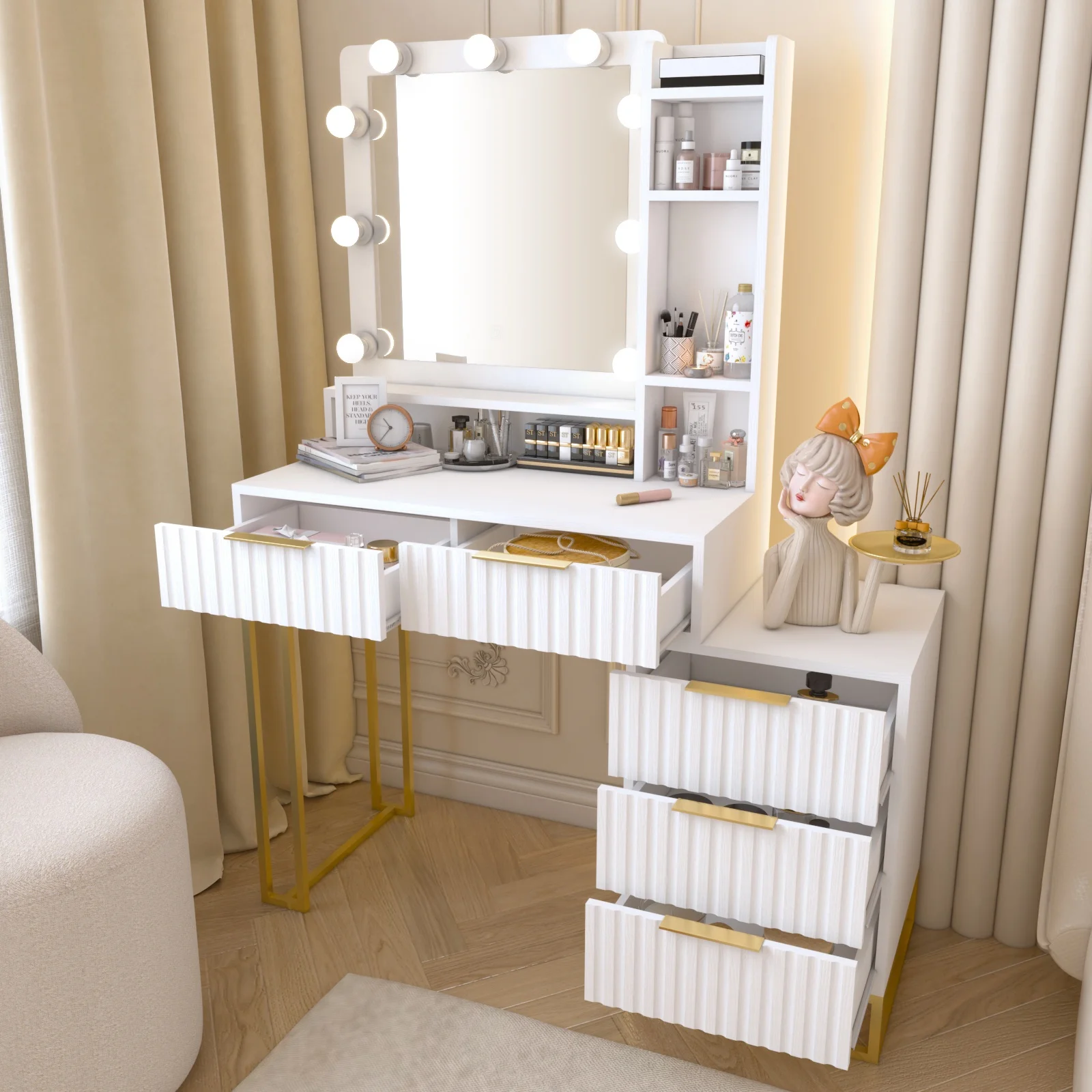 Glavbiku Modern Makeup Vanity Desk with Mirror and Lights,5 Drawers Vanity Table for Bedroom,White