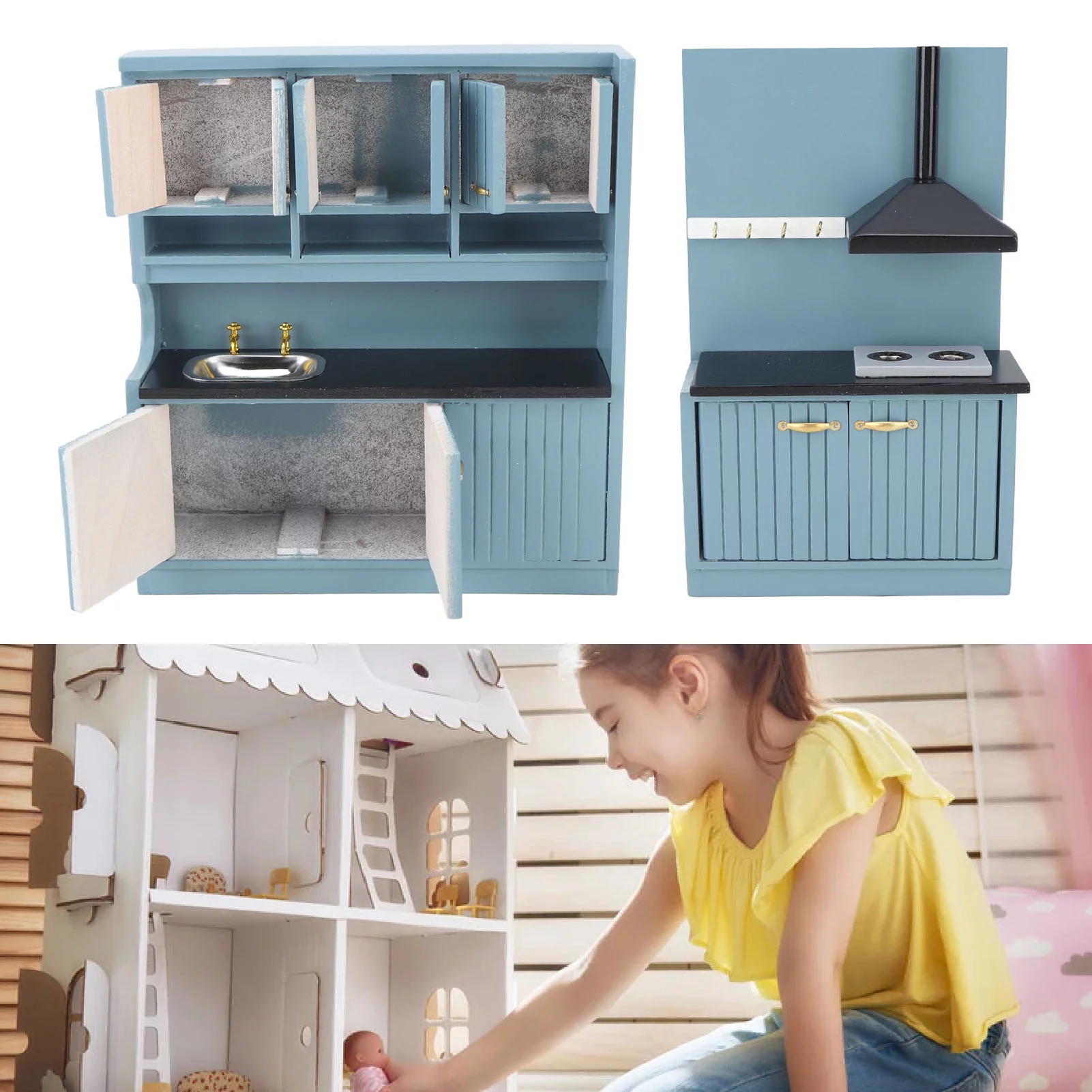 Goldmeet Dollhouse Kitchen Furniture Kit Innovative Hand Crafted 1:12 Scale Wooden Dollhouse Furniture Set Dark Blue