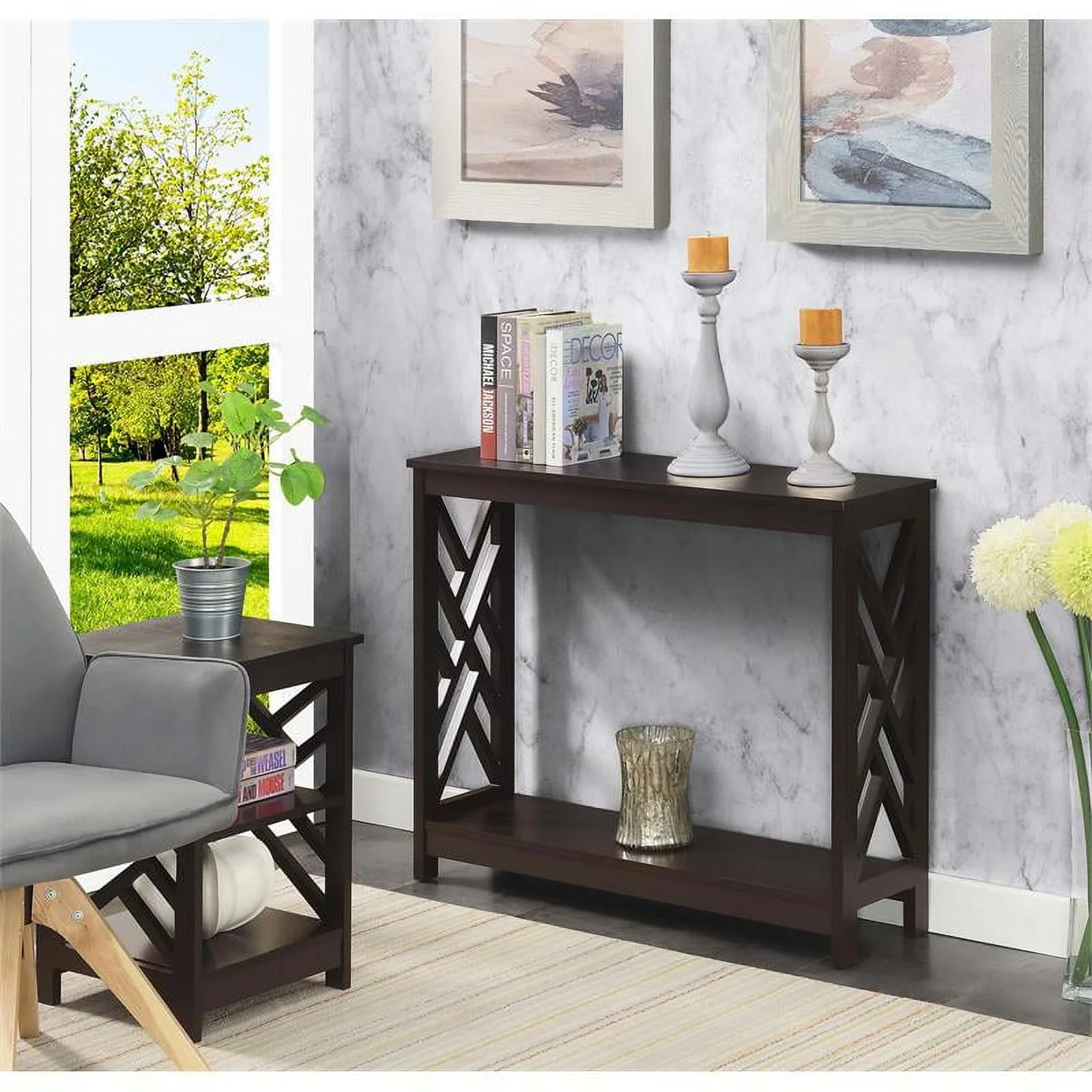 Pemberly Row Console Table with Shelf in Espresso Wood Finish