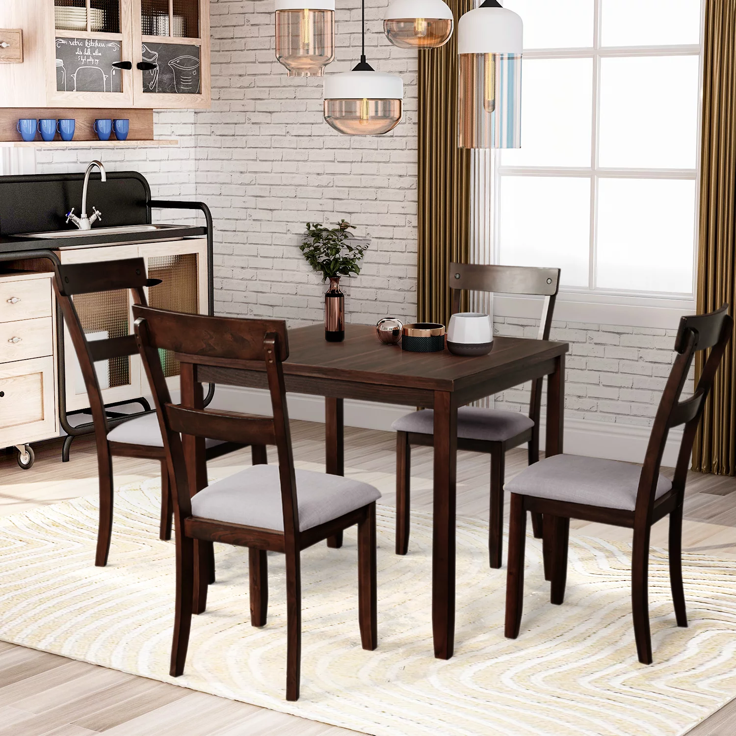 Euroco Wood 5 Piece Dining Table Set with Cushions, Brown