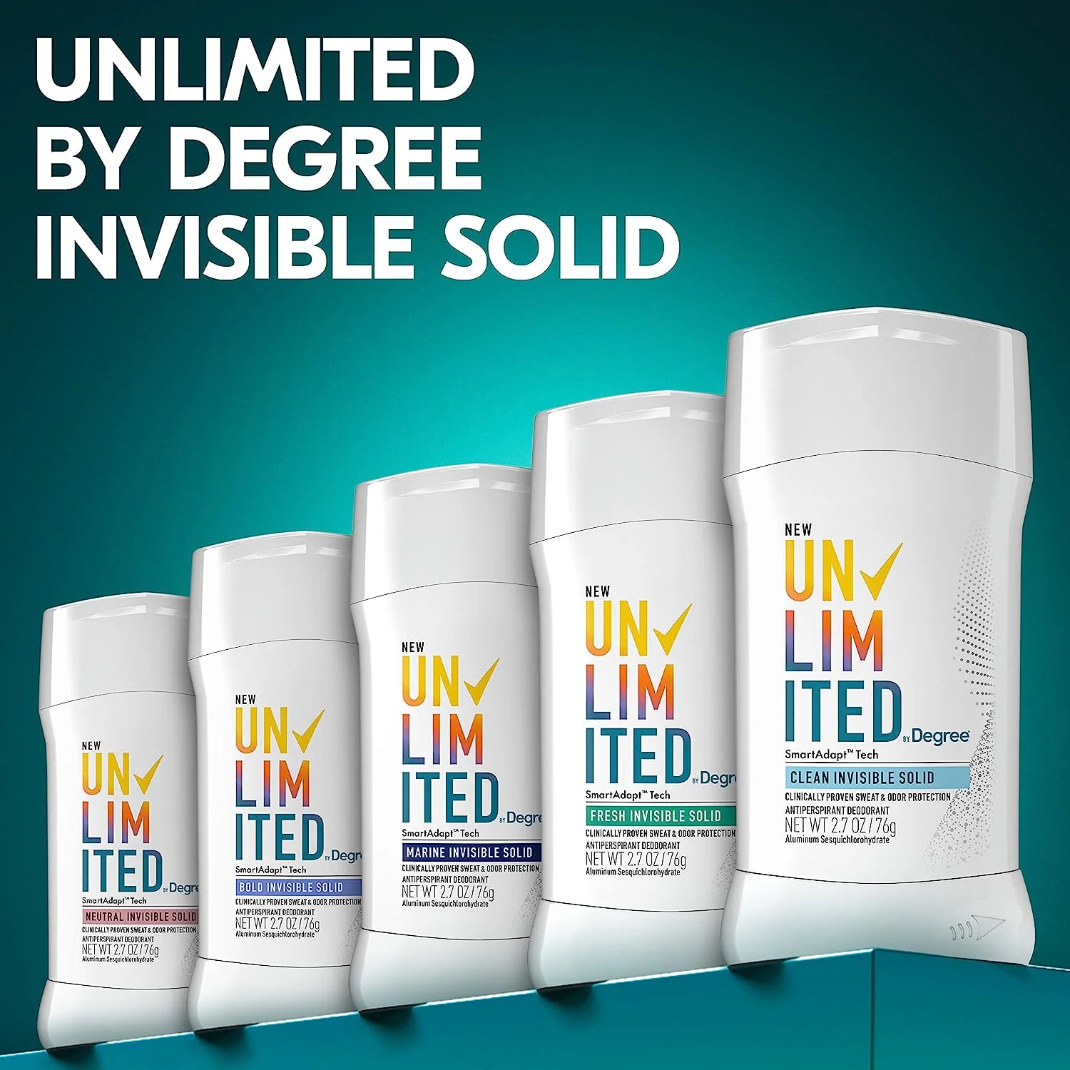 Degree Unlimited Antiperspirant Deodorant Stick Clean 2 Count Long-Lasting Sweat & Odor Protection with Antiperspirant Technology SmartAdapt Tech 2.7 oz Clean Invisible Solid 2.70 Ounce (Pack of 2)