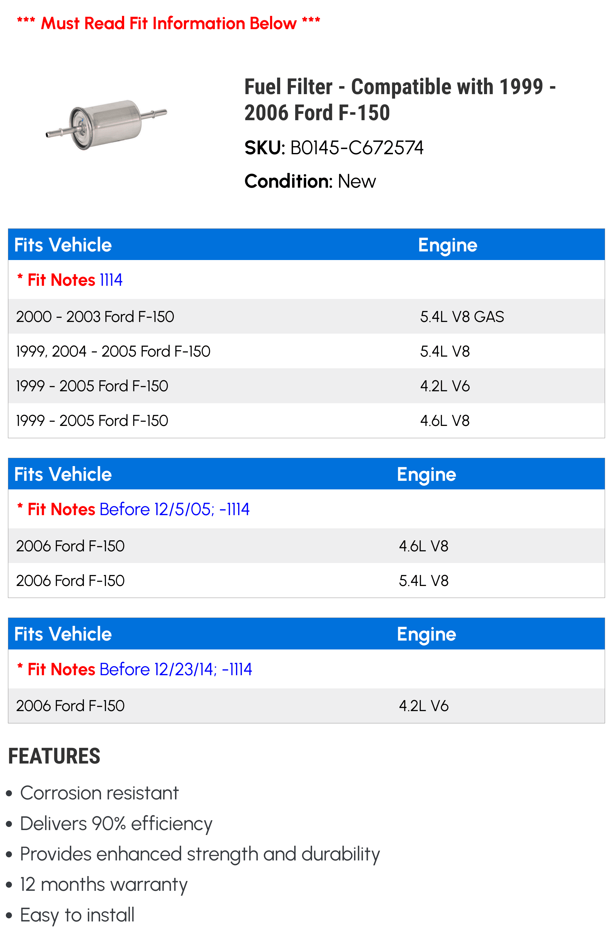 Fuel Filter - Compatible with 1999 - 2006 Ford F-150 2000 2001 2002 2003 2004 2005