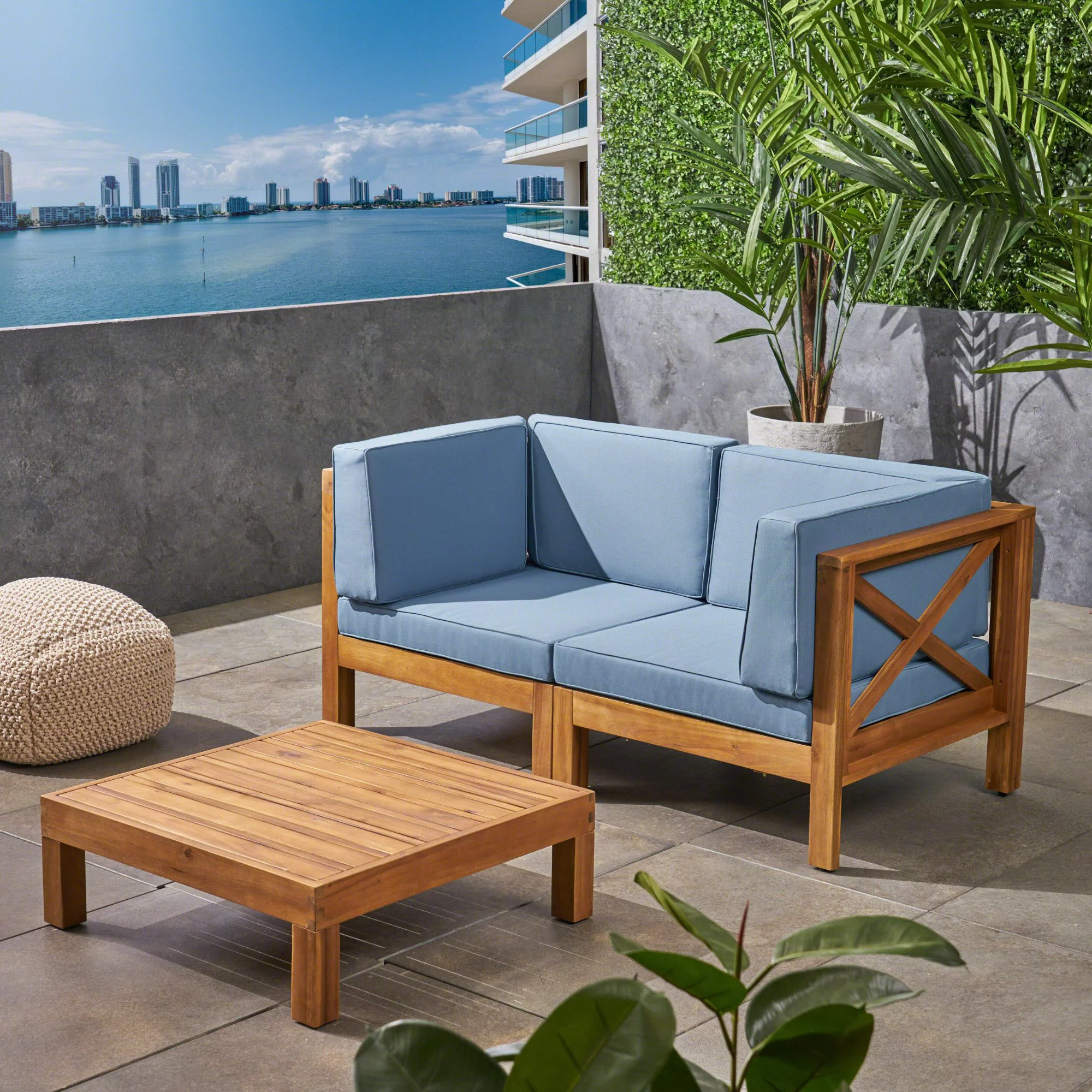 Noble House Brava 3-Piece Outdoor Acacia Wood Loveseat Set in Gray/Blue
