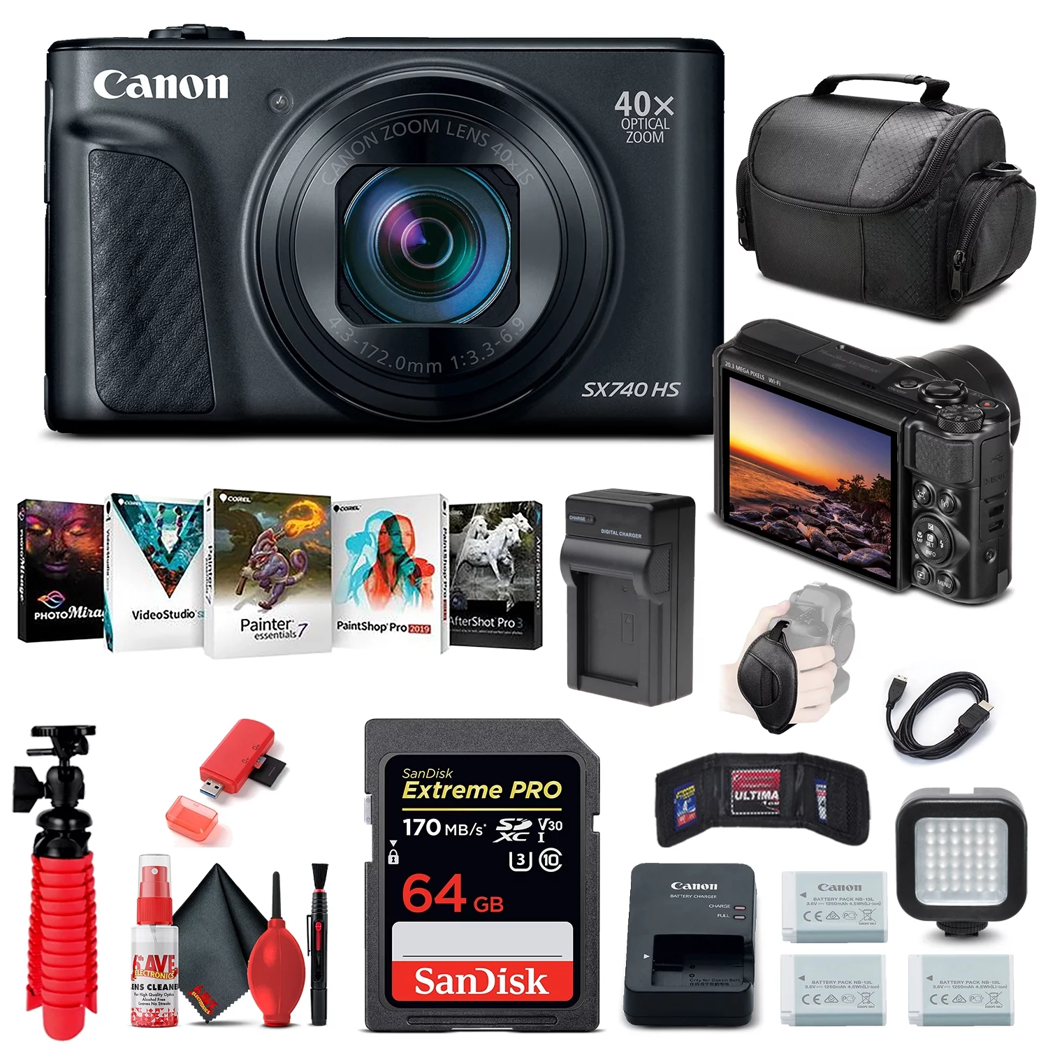 Canon PowerShot SX740 HS Digital Camera (Black) (2955C001), 64GB  Card, 2 x Replacement NB13L Batteries, Corel Photo Software, Charger, Card Reader, LED Light, Soft Bag + More