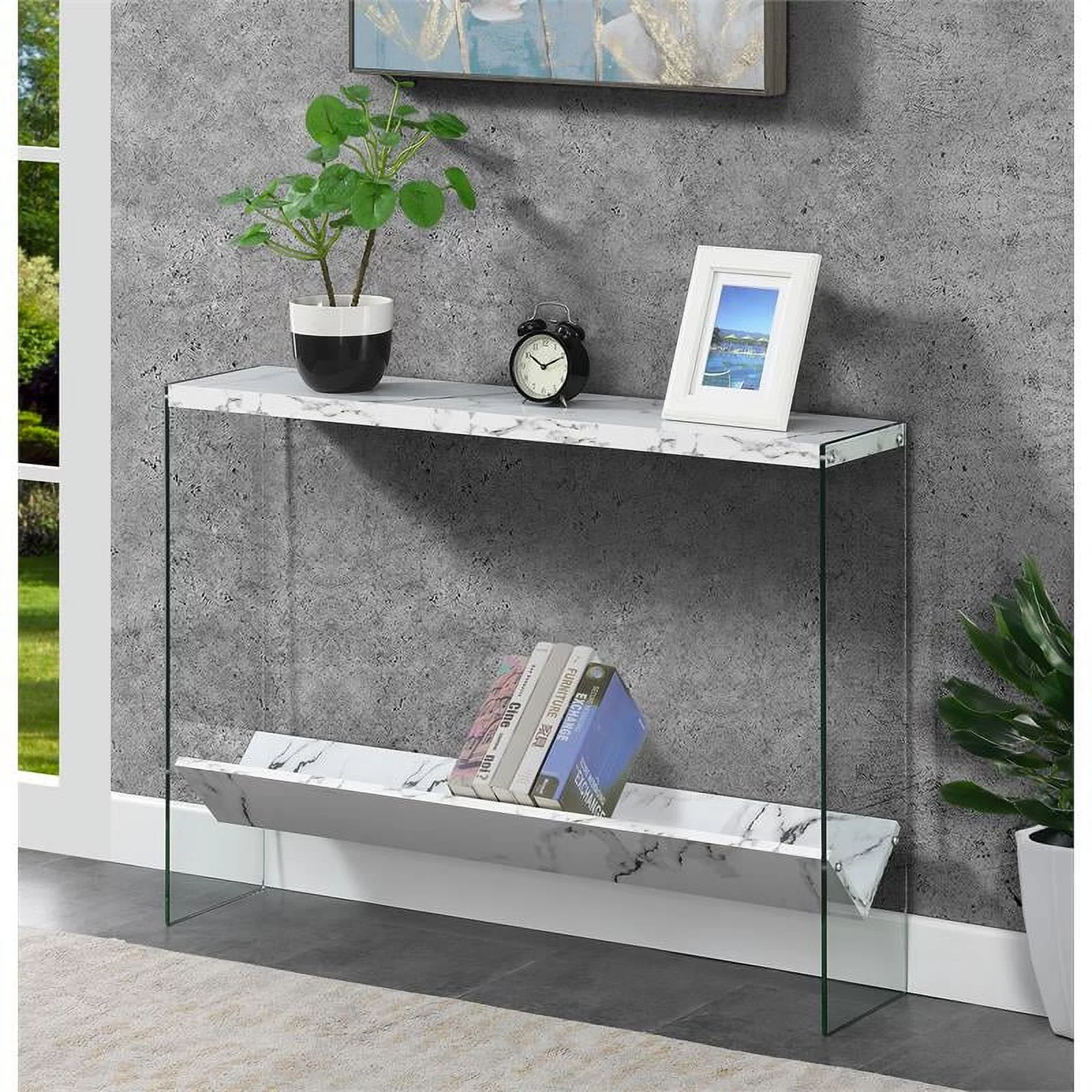 Pemberly Row Modern V Console Table with Shelf in White Marble Wood Finish