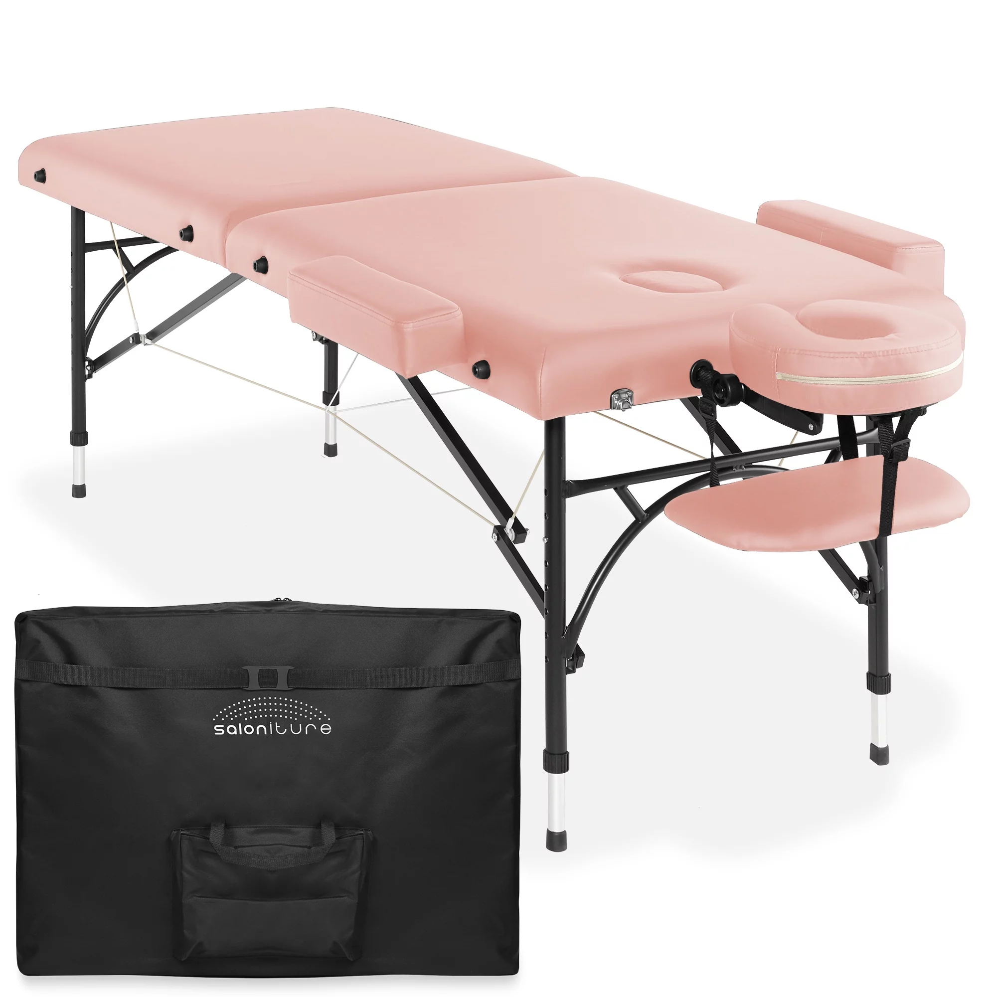 Saloniture Professional Portable Lightweight Bi-Fold Massage Table with Aluminum Legs - Includes Headrest, Face Cradle, Armrests and Carrying Case - Pink
