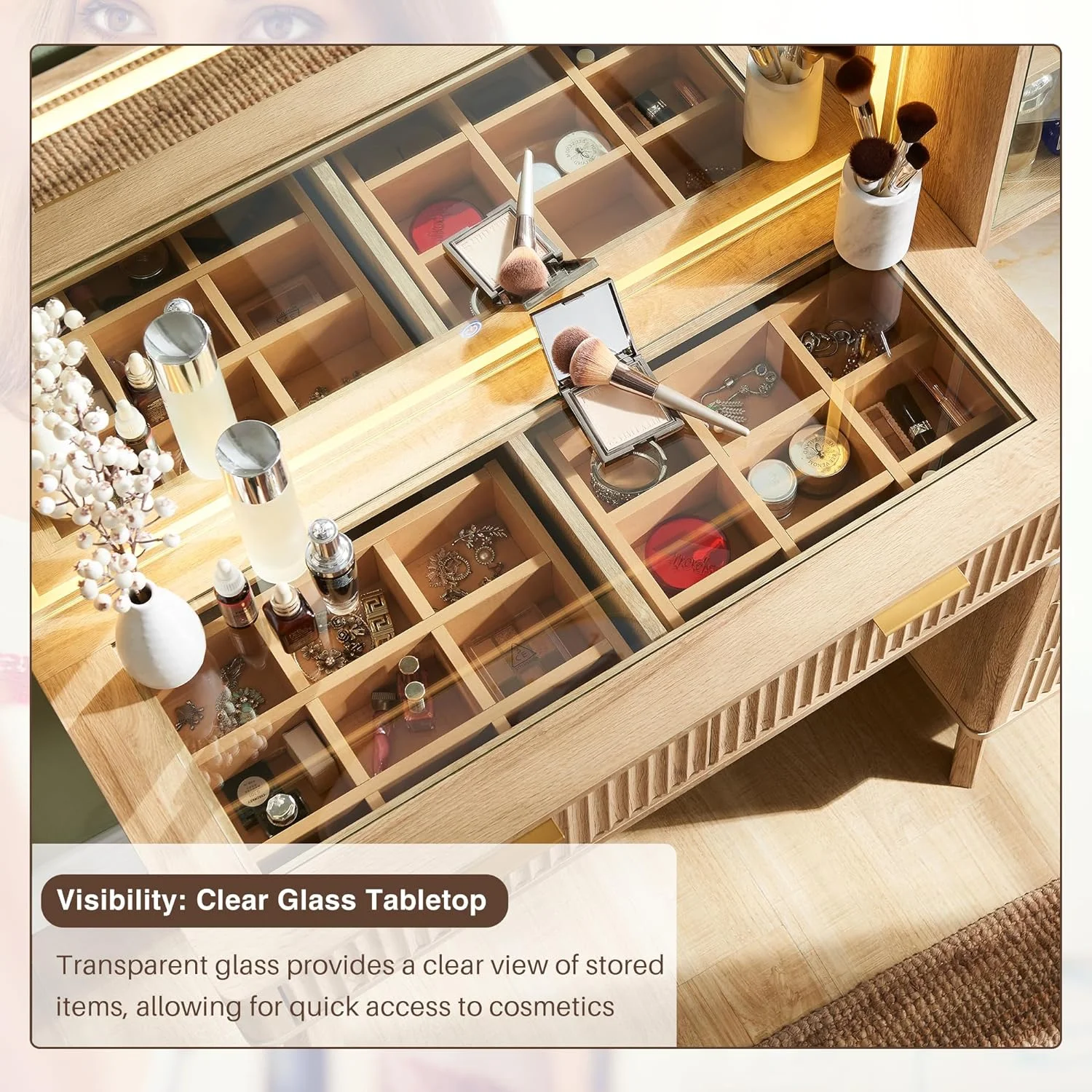 OKD Vanity Table with Lighted Mirror and 5 Drawers , Makeup Table with Charging Station for Bedroom,Oak